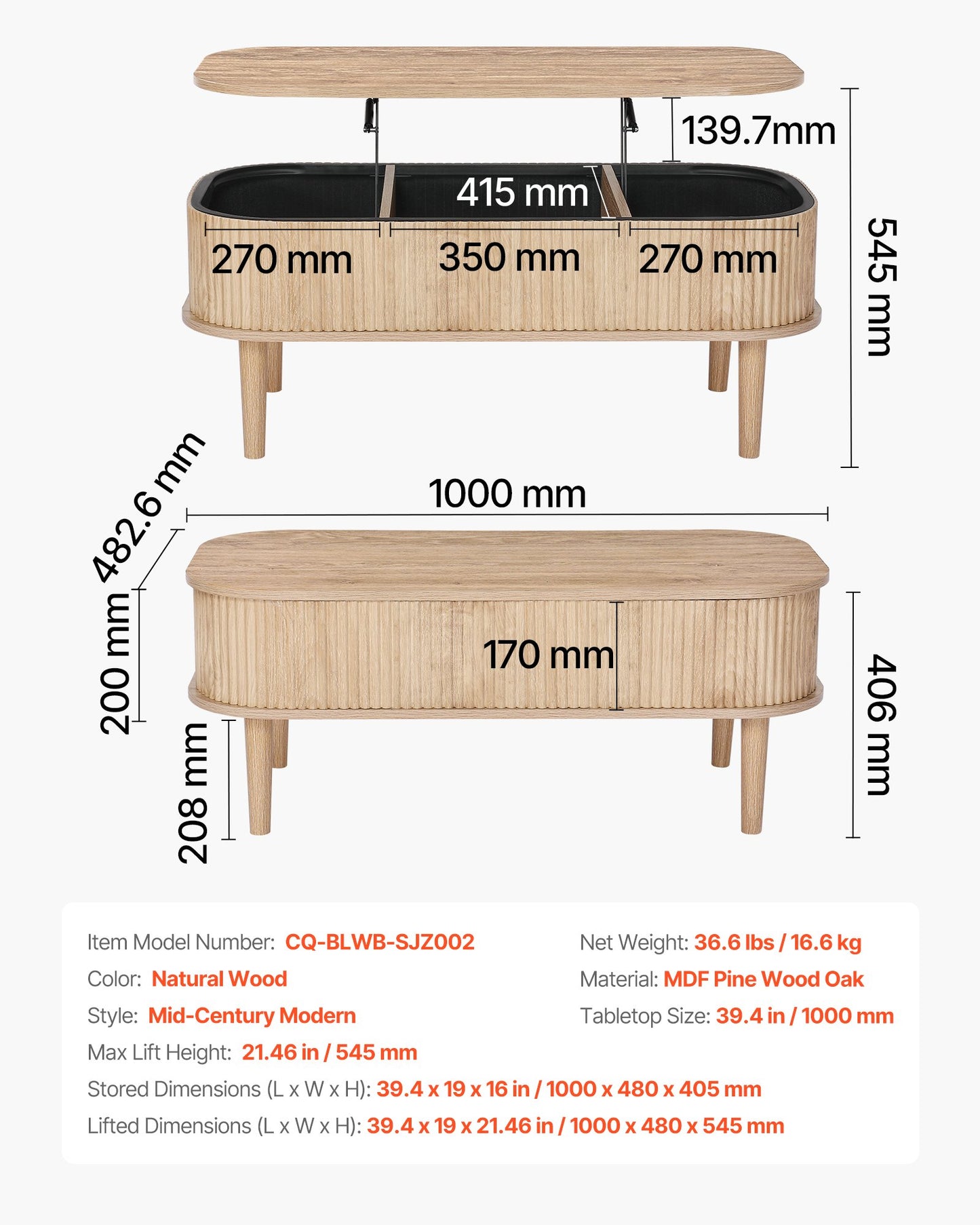Lift Top Coffee Table with Hidden Storage - Mid Century Wooden Oval Design