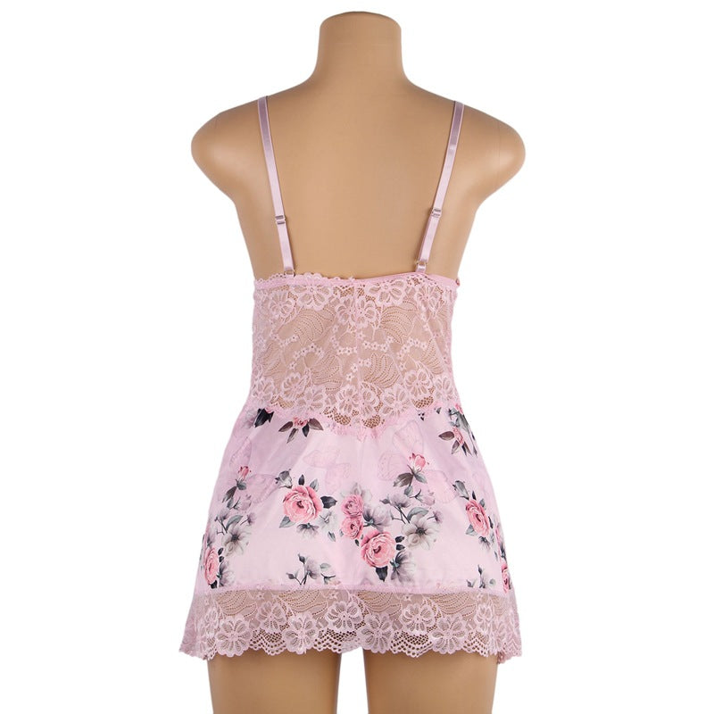 Plus Size Embroidery Lace Sleep Dress with Shorts - Pink & Black