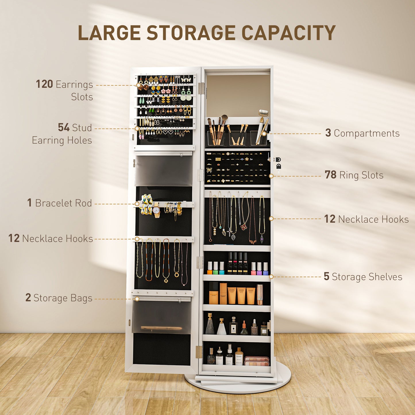 360° Swivel Jewelry Armoire with Full-Length Mirror - White