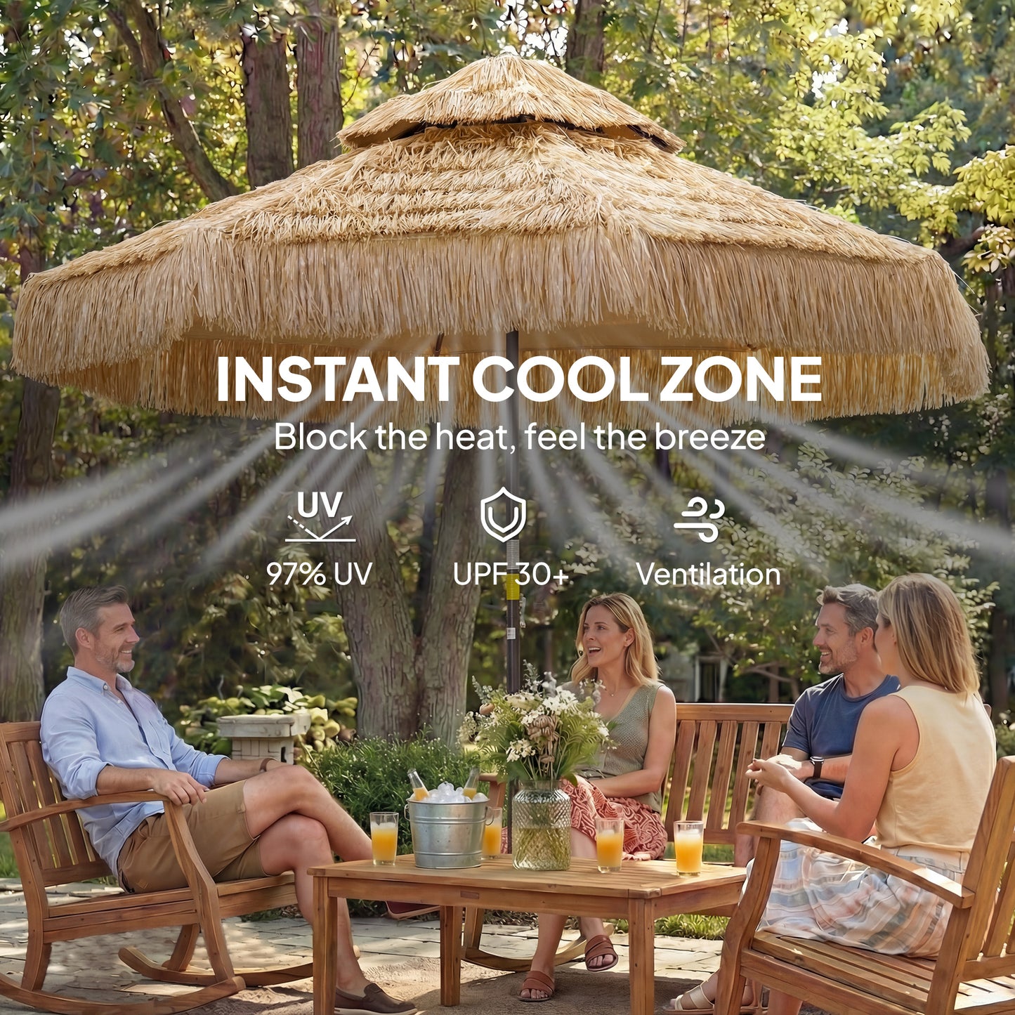 8.5 FT Tiki Patio Umbrella - Two-Tier Tropical Outdoor Canopy, Khaki