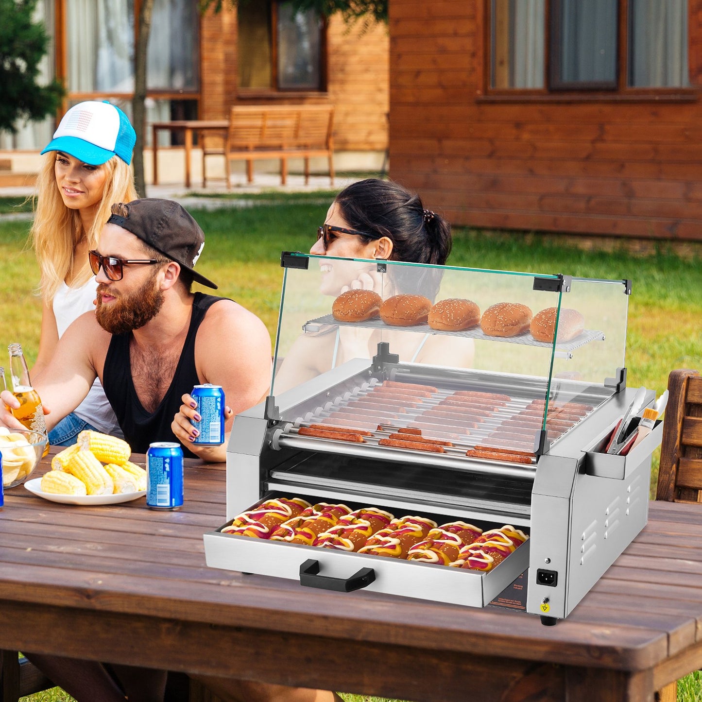 Electric Hot Dog Roller Grill Cooker with Bun Warmer - 1950W, Silver