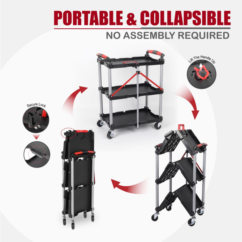 Heavy Duty Foldable Utility Service Cart with 3 Shelves, Swivel Wheels & Handle