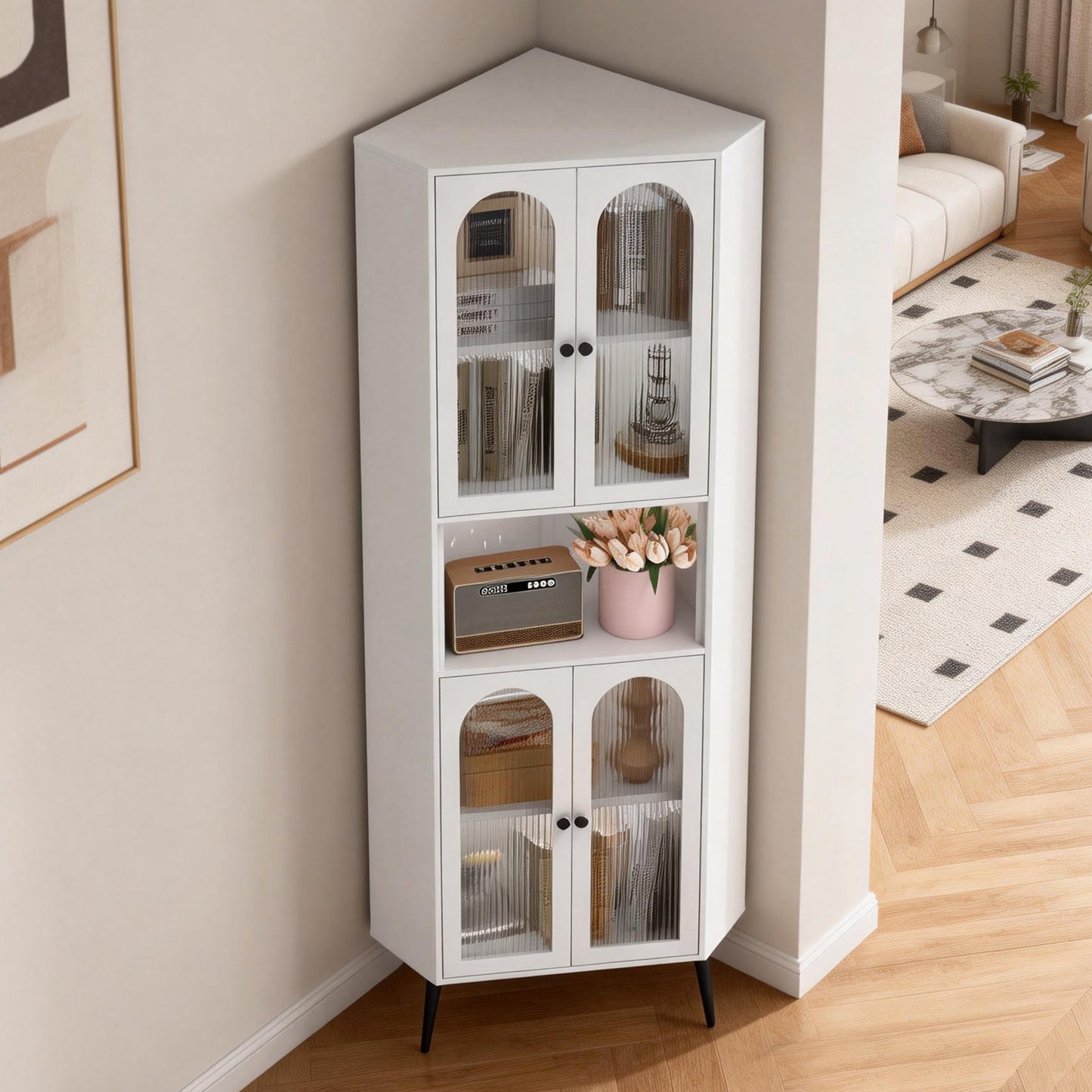 73'' White Metal Corner Storage Cabinet with Adjustable Shelves