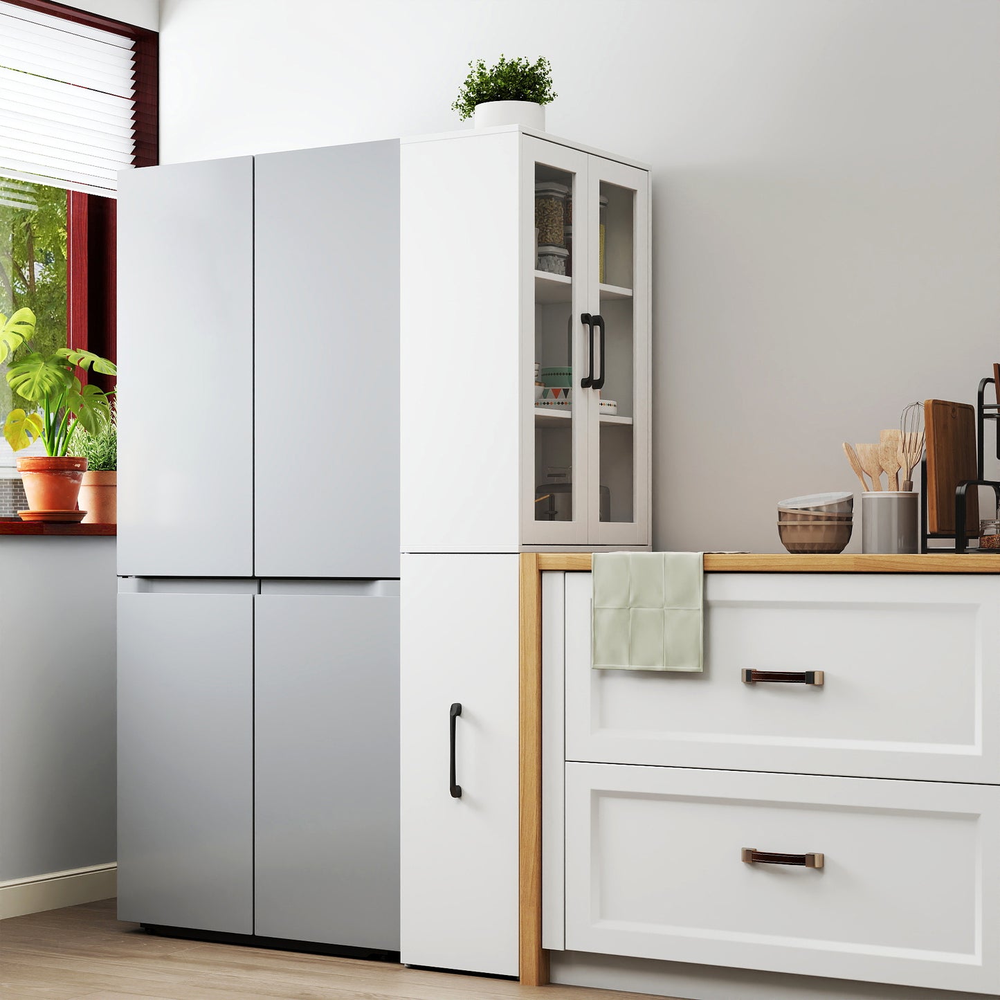 Modern 70.87" H White Display Storage Cabinet with Glass Doors