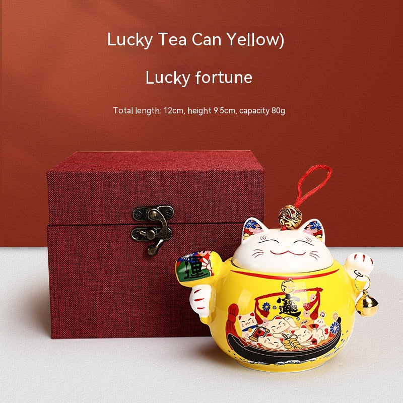 Ceramic Lucky Cat Tea Jar Storage Container - Japanese Style Household Gift Box