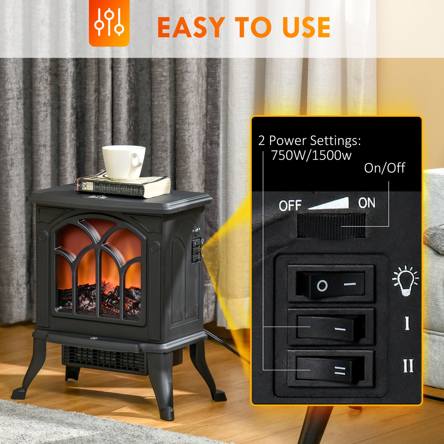 Electric Fireplace Heater with Realistic Logs & Flame Effect, Freestanding, 750W/1500W, Black