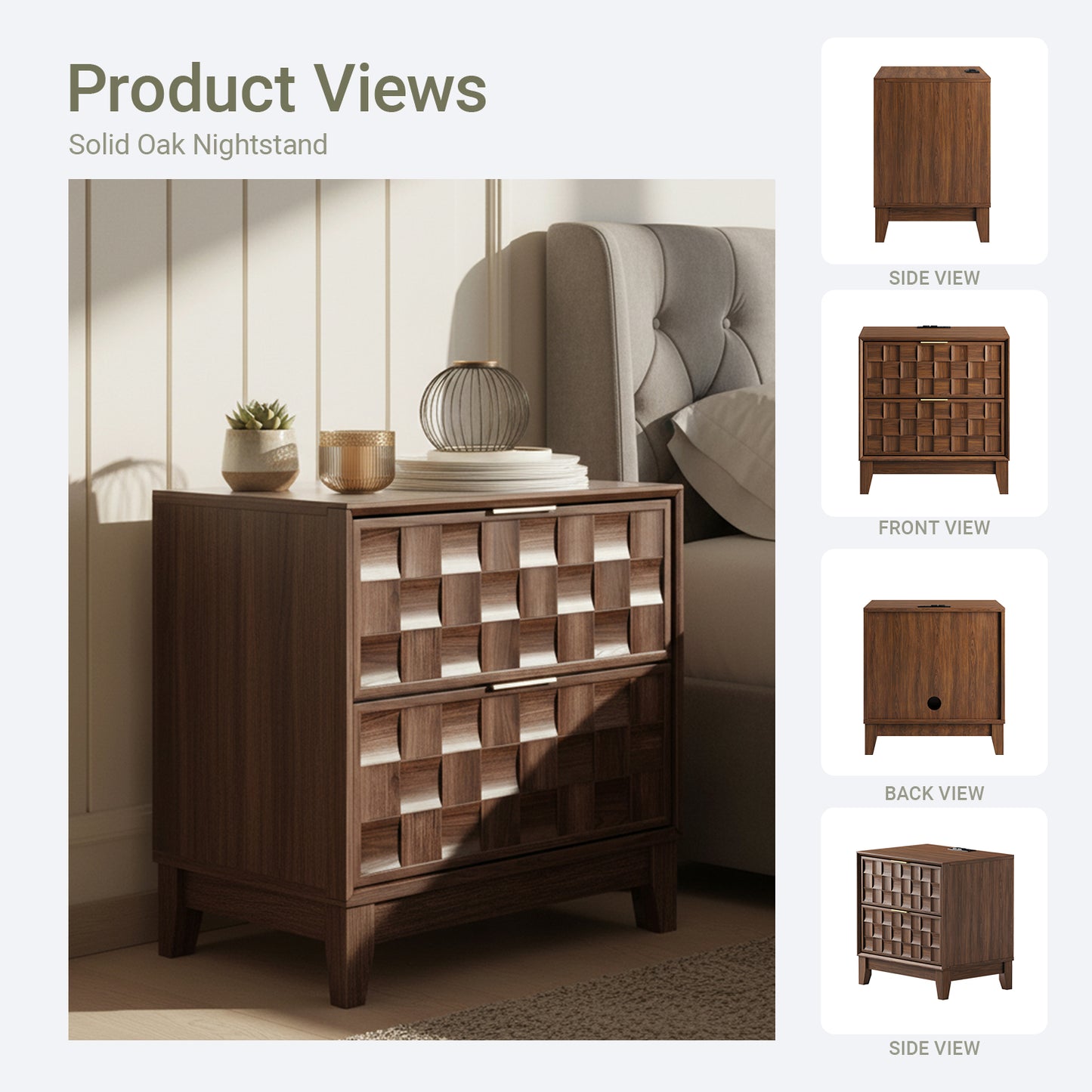 Wooden Night Stand with Charging Station & 2 Drawers