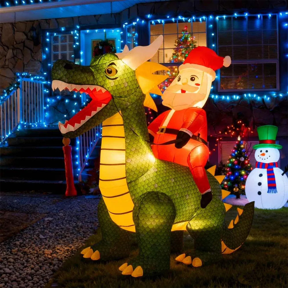 6.7ft Inflatable Santa Riding Dinosaur with LED Lights - Outdoor Christmas Decor