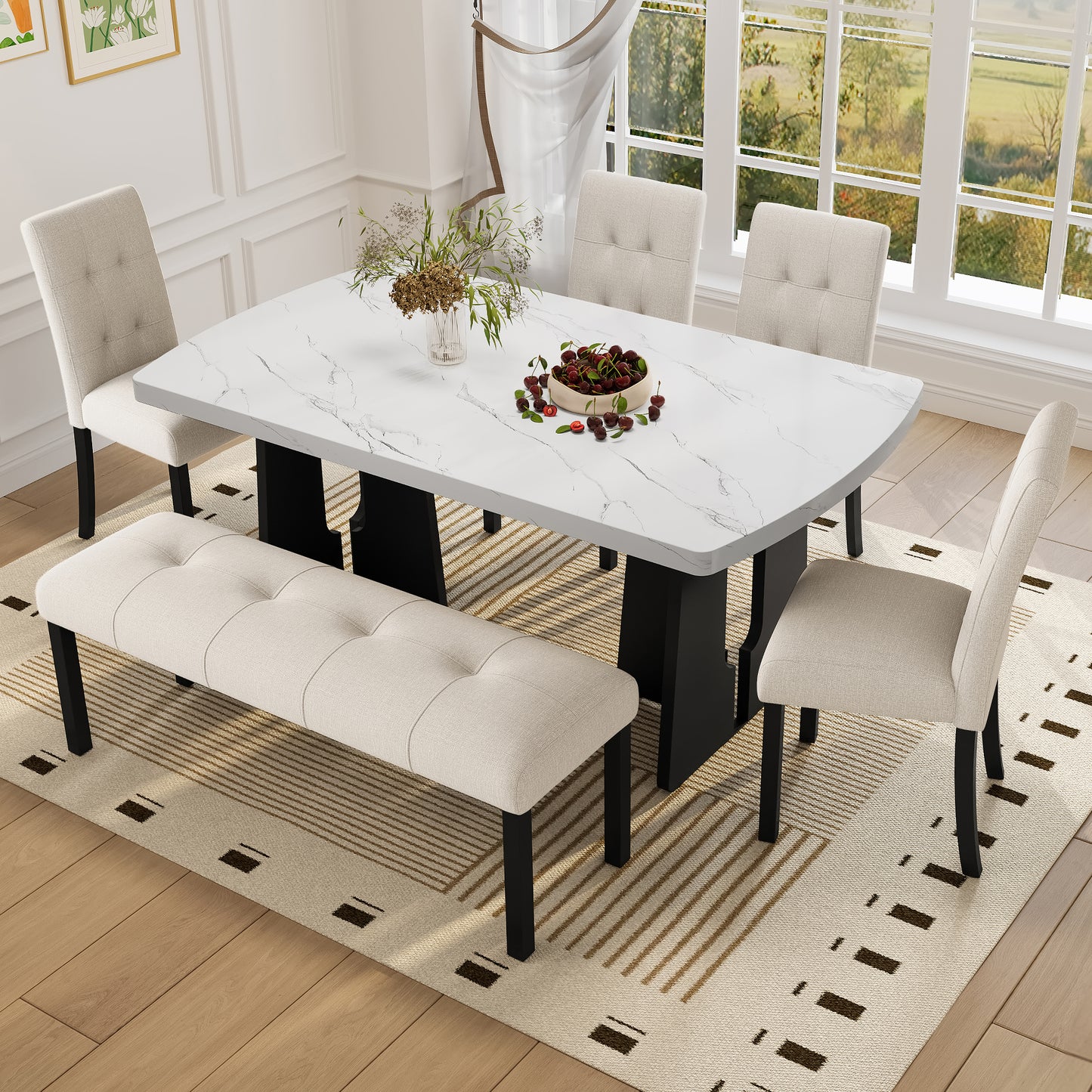 6 Piece Modern Dining Table Set, 63 Faux Marble With Geometric Legs &