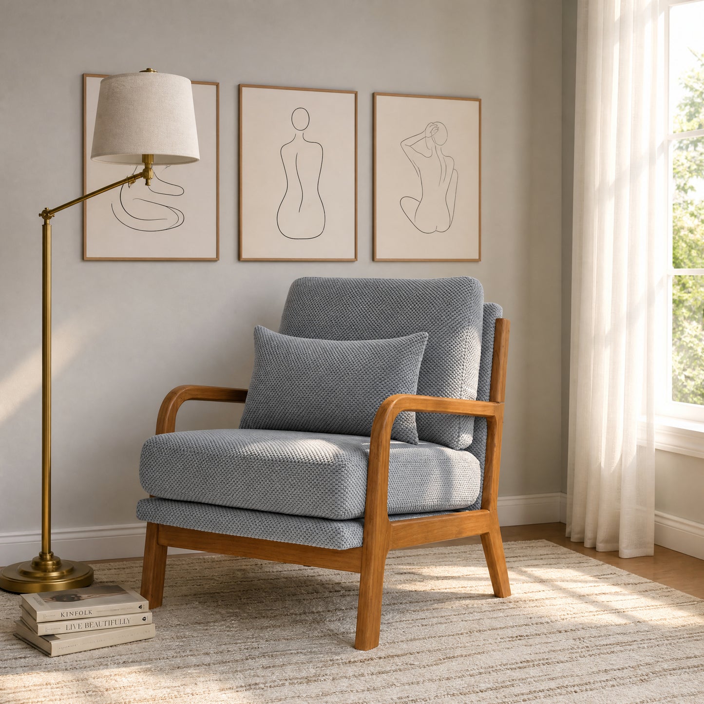 Mid-Century Modern Wooden Lounge Chair - Light Gray Upholstery