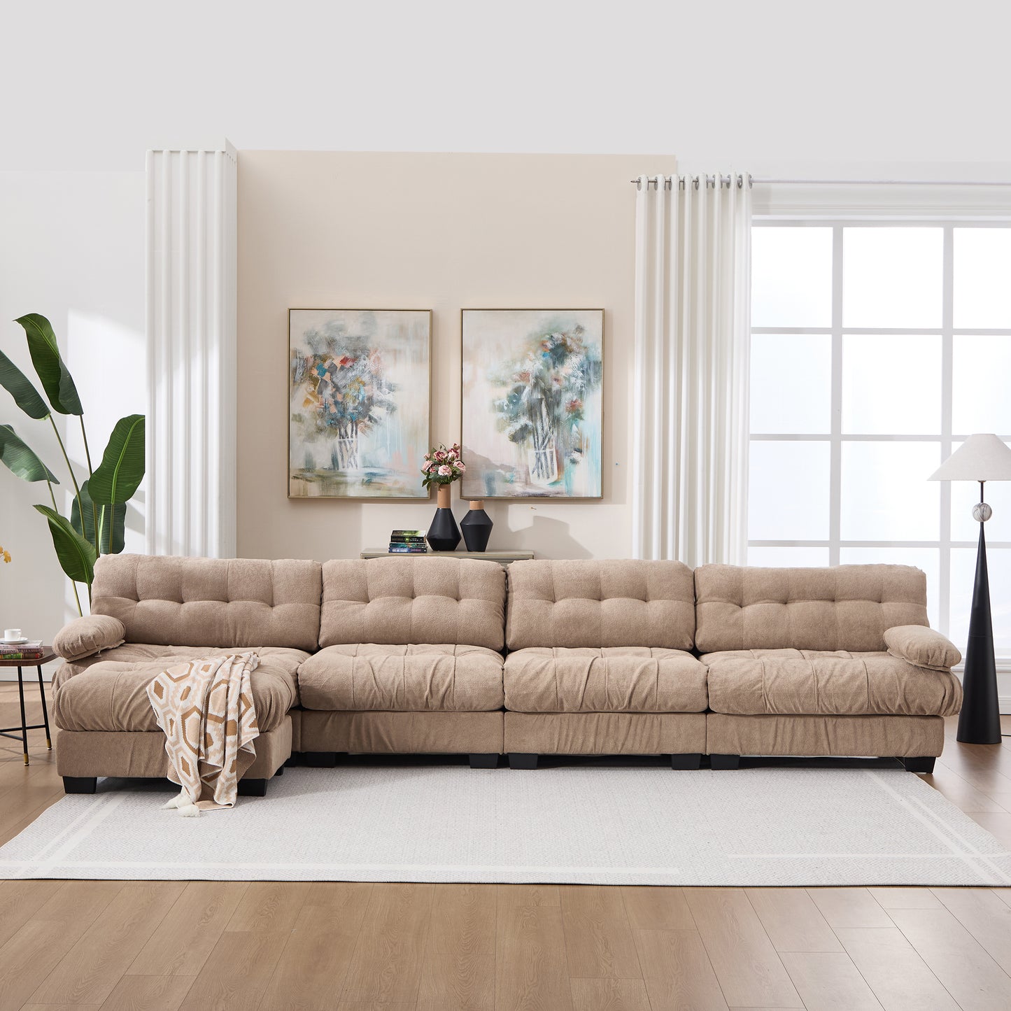 Deep Seat Modular Sectional Sofa - Light Brown, 4-Seater