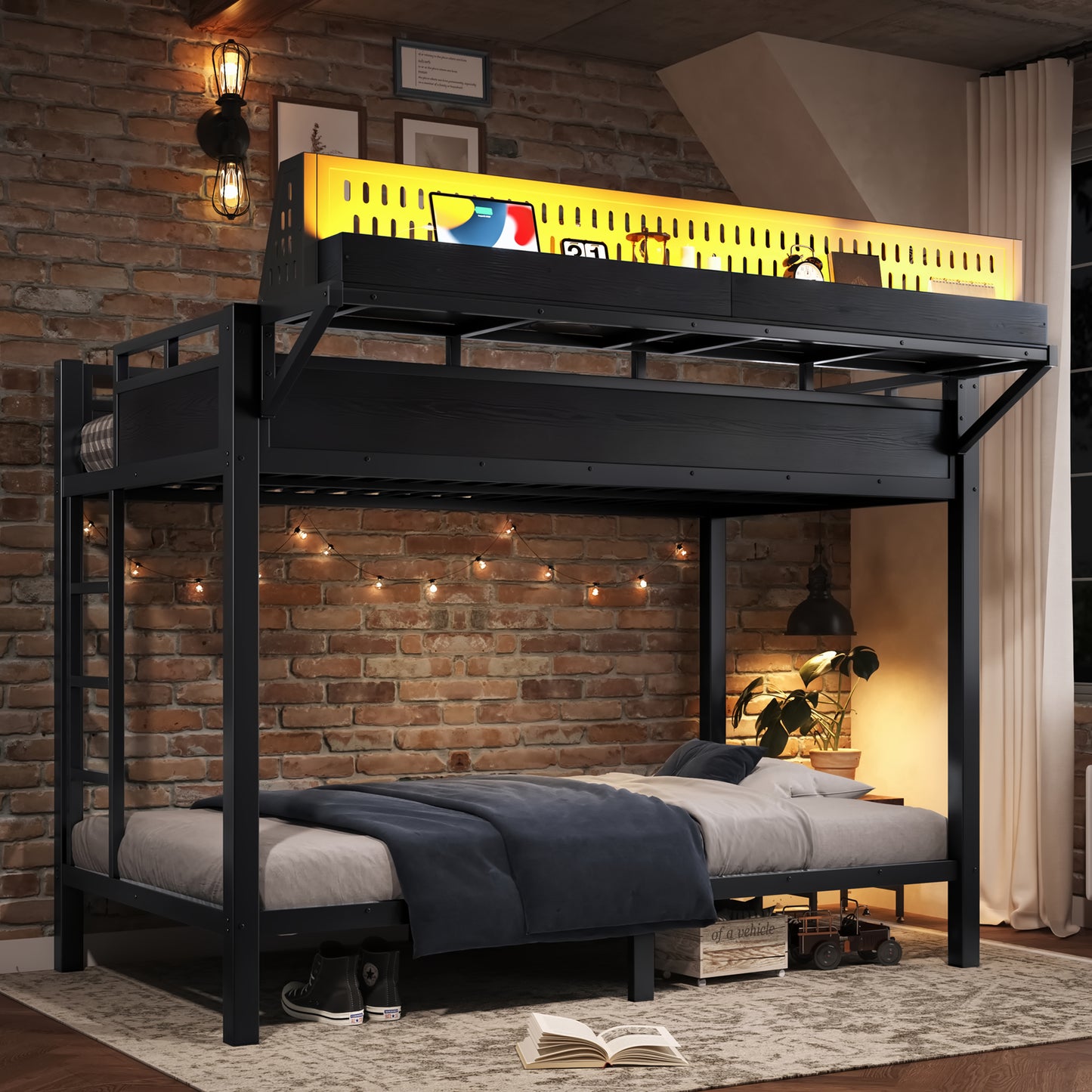 Twin XL Metal Bunk Bed with Storage Shelves & USB Ports - Black