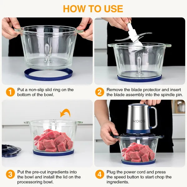 Electric Food Chopper Processor with 2L Glass Bowl for Vegetables & Meat