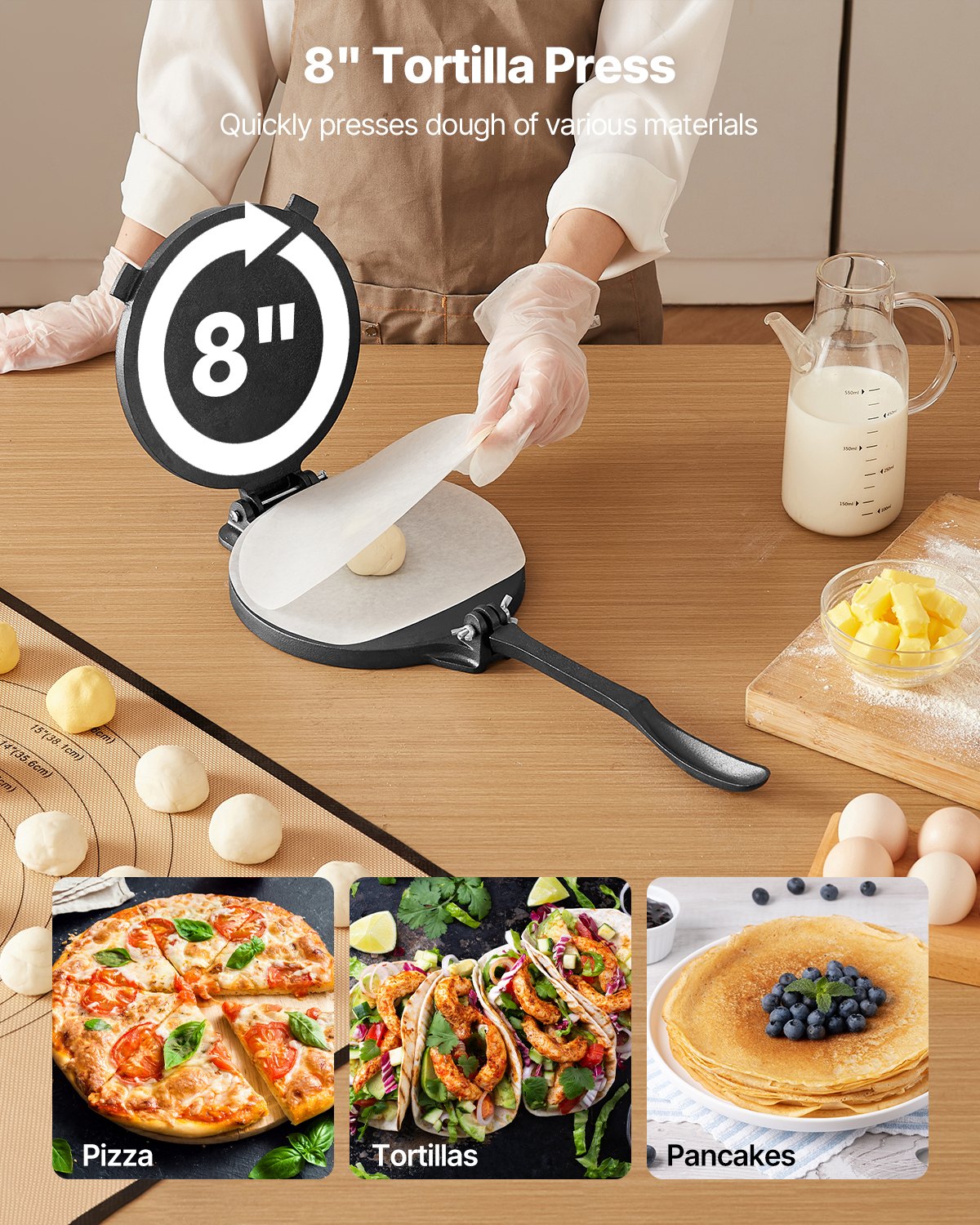 8 Inch Cast Iron Tortilla Press for Roti, Flatbreads & Dough Making - Heavy Duty Kitchen Tool