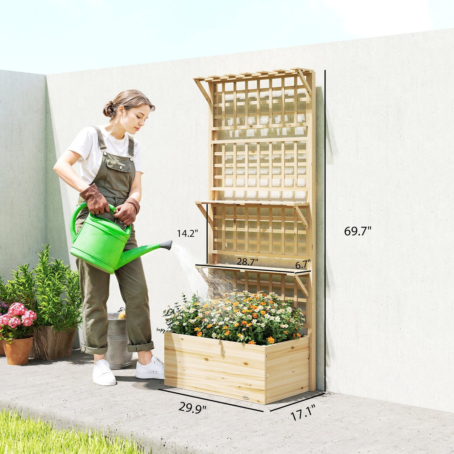 Wooden Raised Garden Bed with Trellis and Roof - Natural Wood, 850x380x260 mm