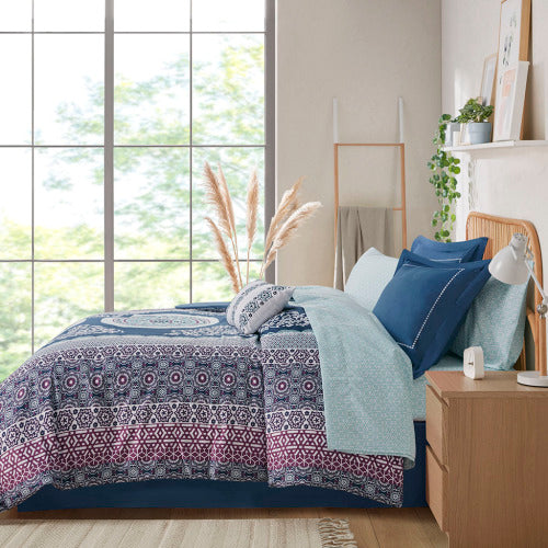 Queen Boho Comforter Set with Bed Sheets - Navy