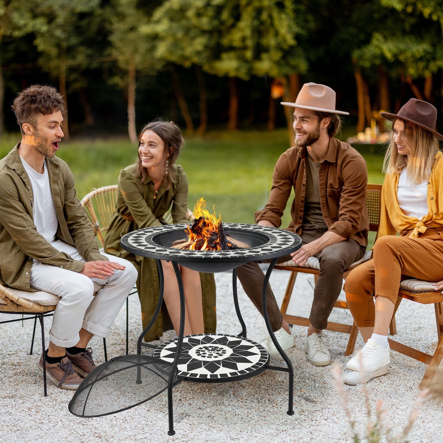 30" Outdoor Fire Pit Dining Table - 3-in-1 Wood Burning Fire Pit, Ice Bucket, Storage Shelf