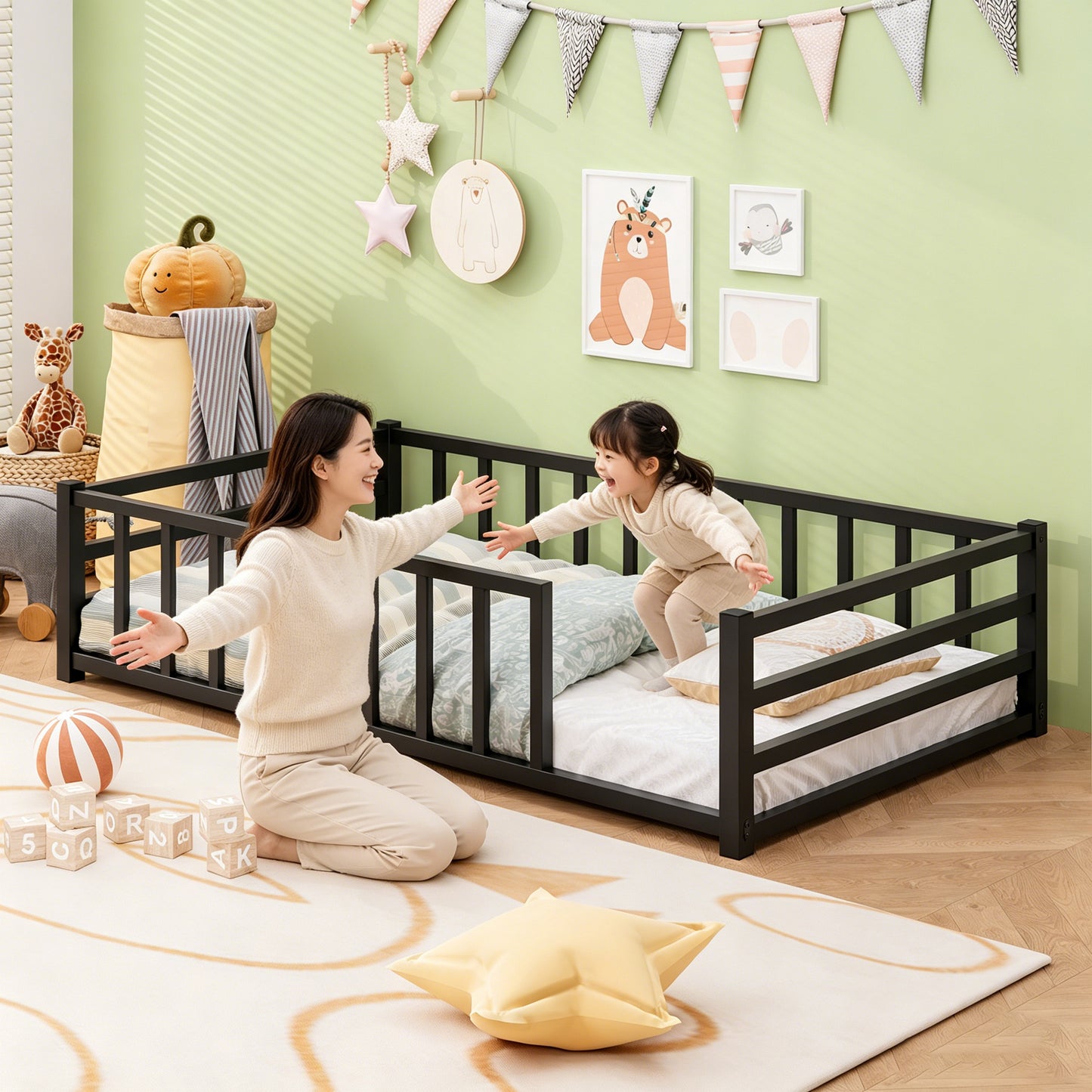 Twin Size Metal Platform Bed Frame with Guardrails - Black