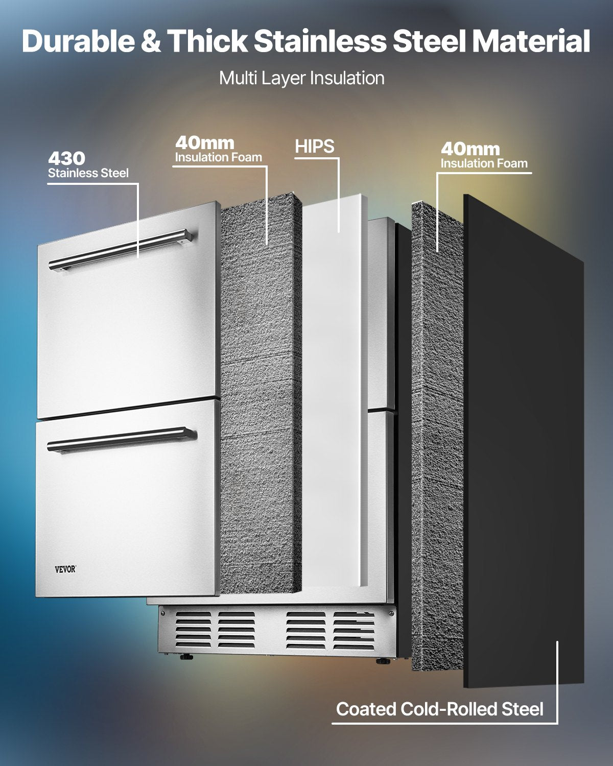 24-Inch Stainless Steel Double Drawer Refrigerator - Compact Home Kitchen Appliance