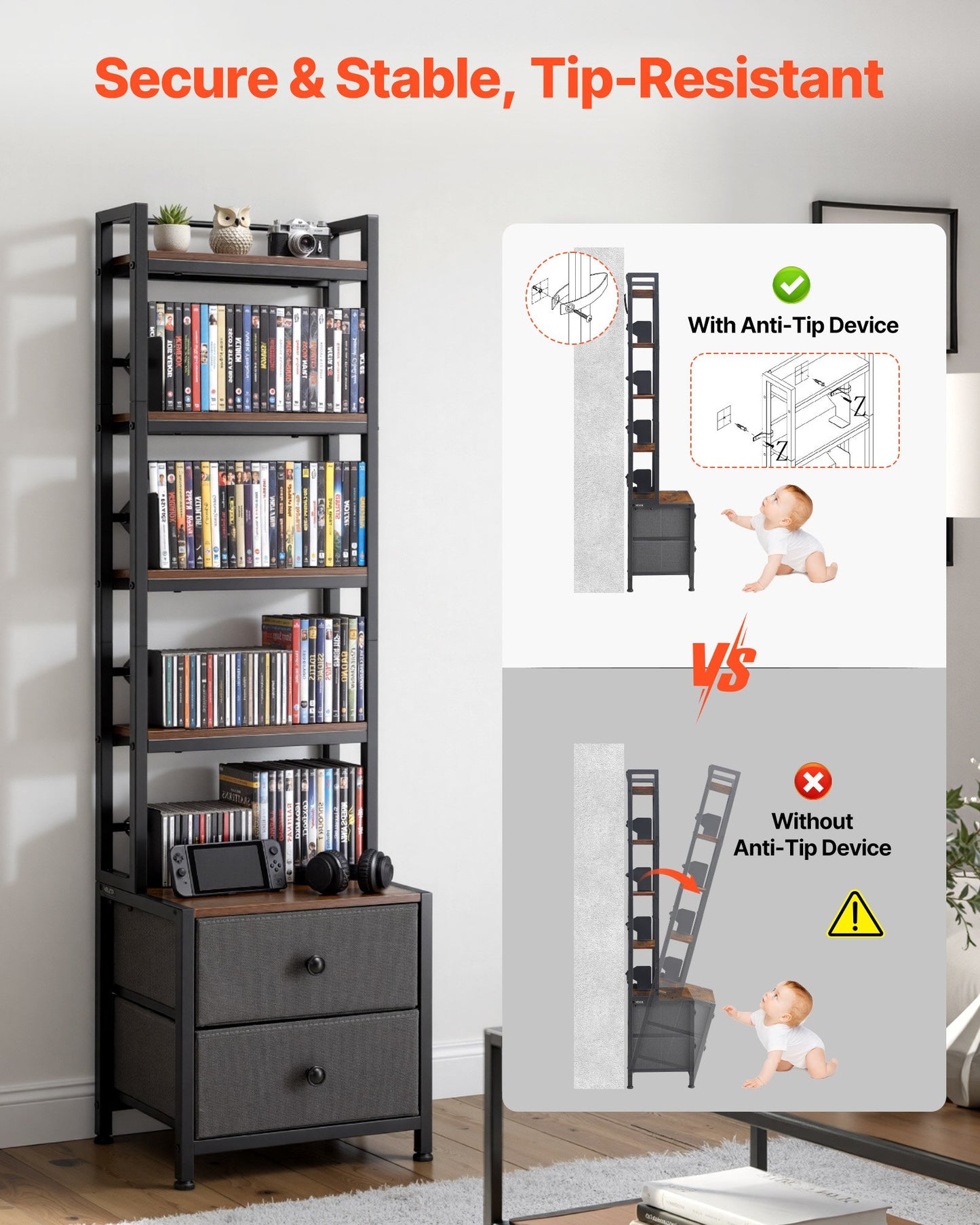 Media Storage Cabinet with 4 Shelves and Drawers - Black, 56.5 Inch Organizer for CDs, DVDs, Books, and Games