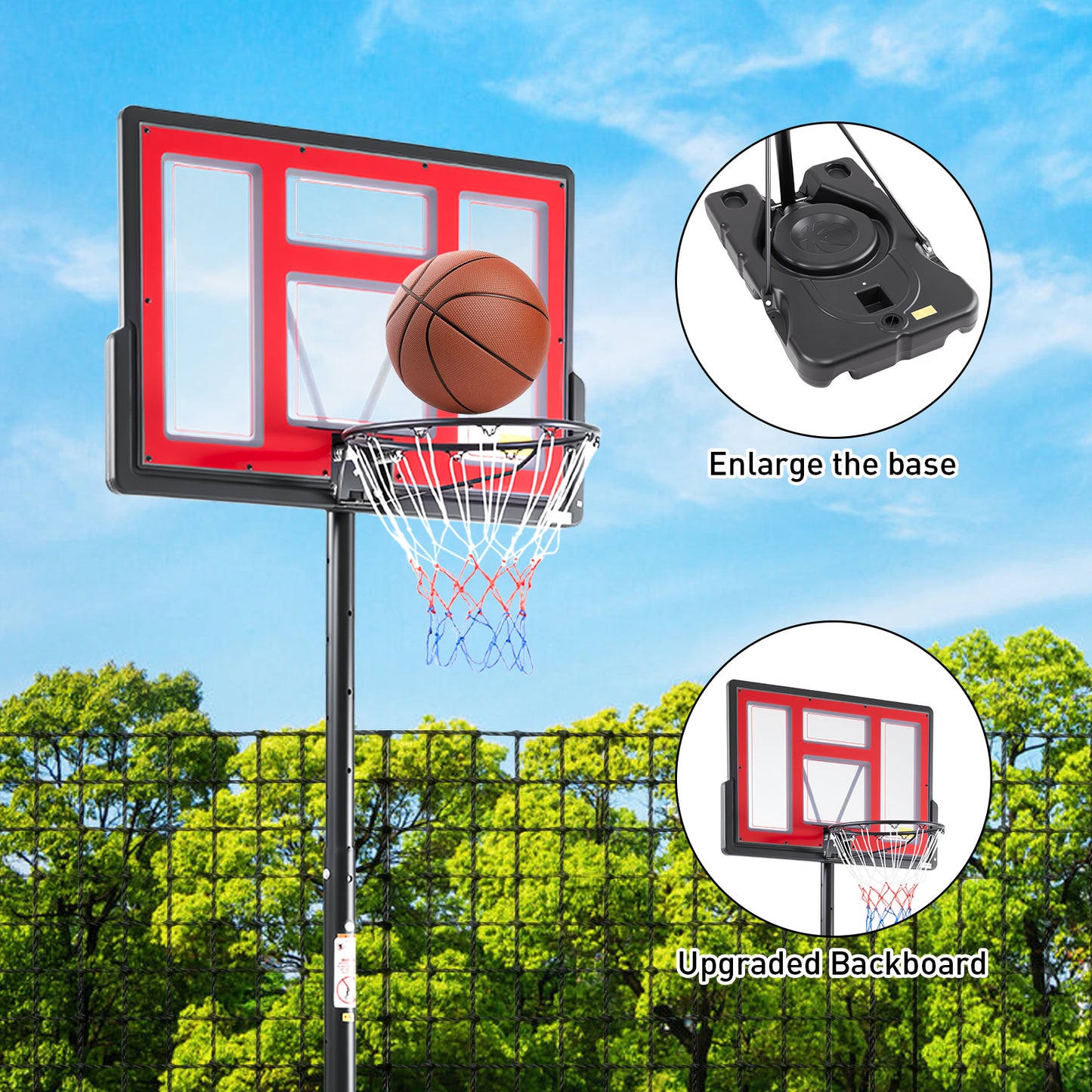 Adjustable Height Portable Basketball Hoop - 44 Inch Backboard, Red