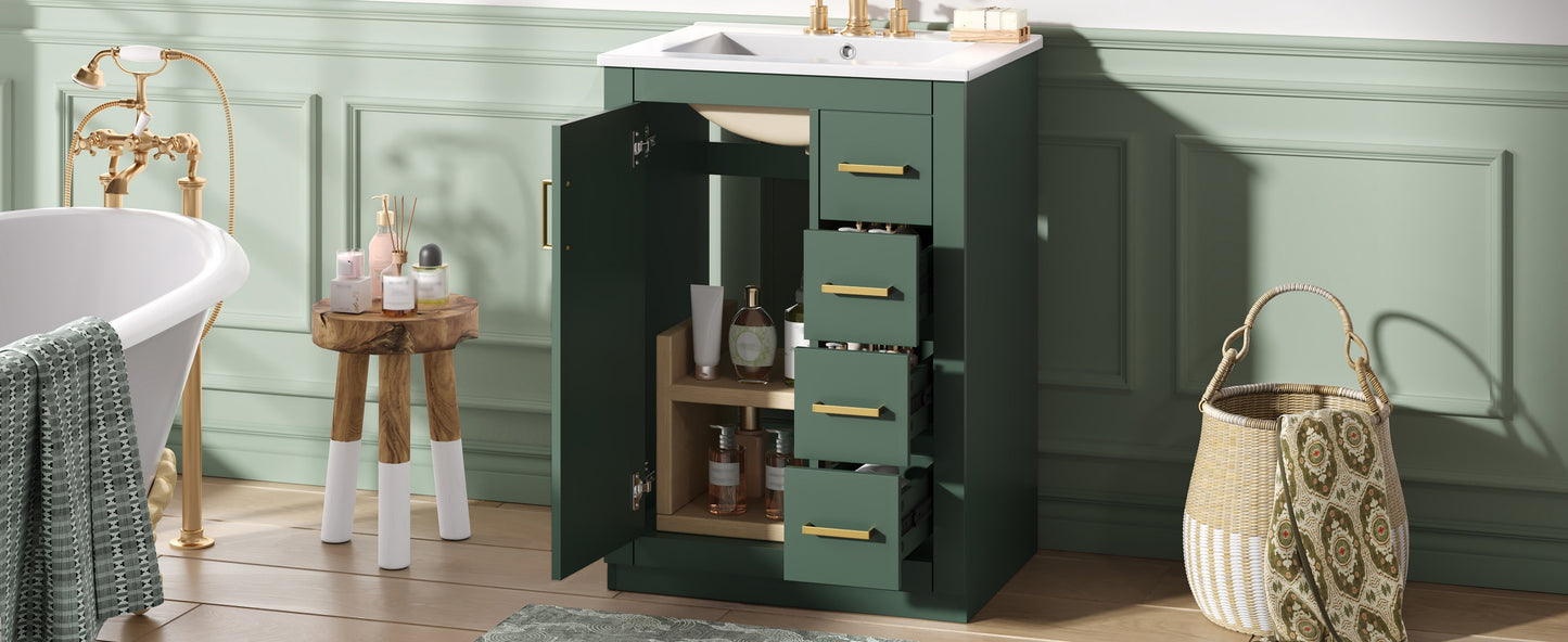 24" Green Bathroom Vanity with Integrated Ceramic Sink & 3 Drawers