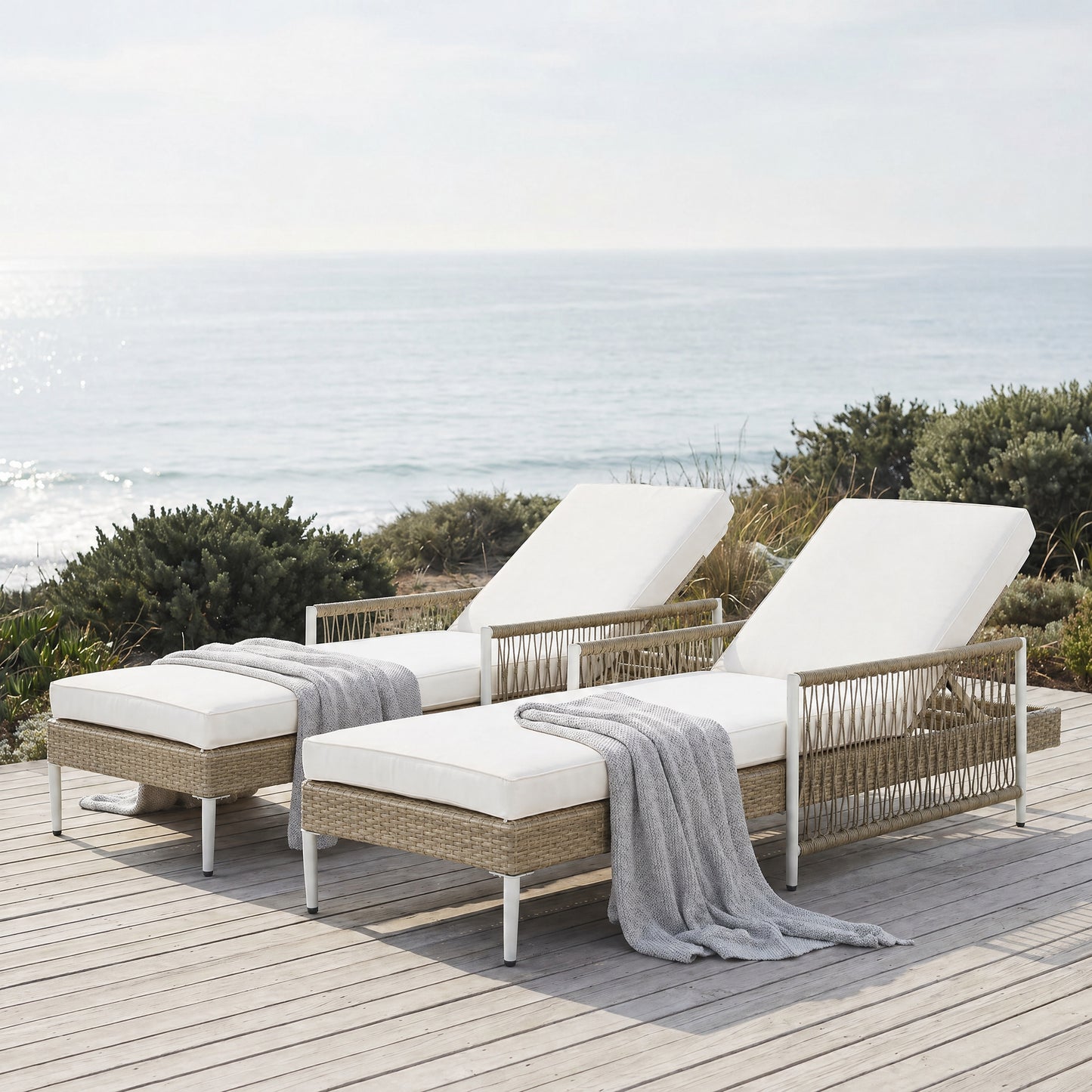 Outdoor PE Rattan Chaise Lounge - Set of 2, Beige