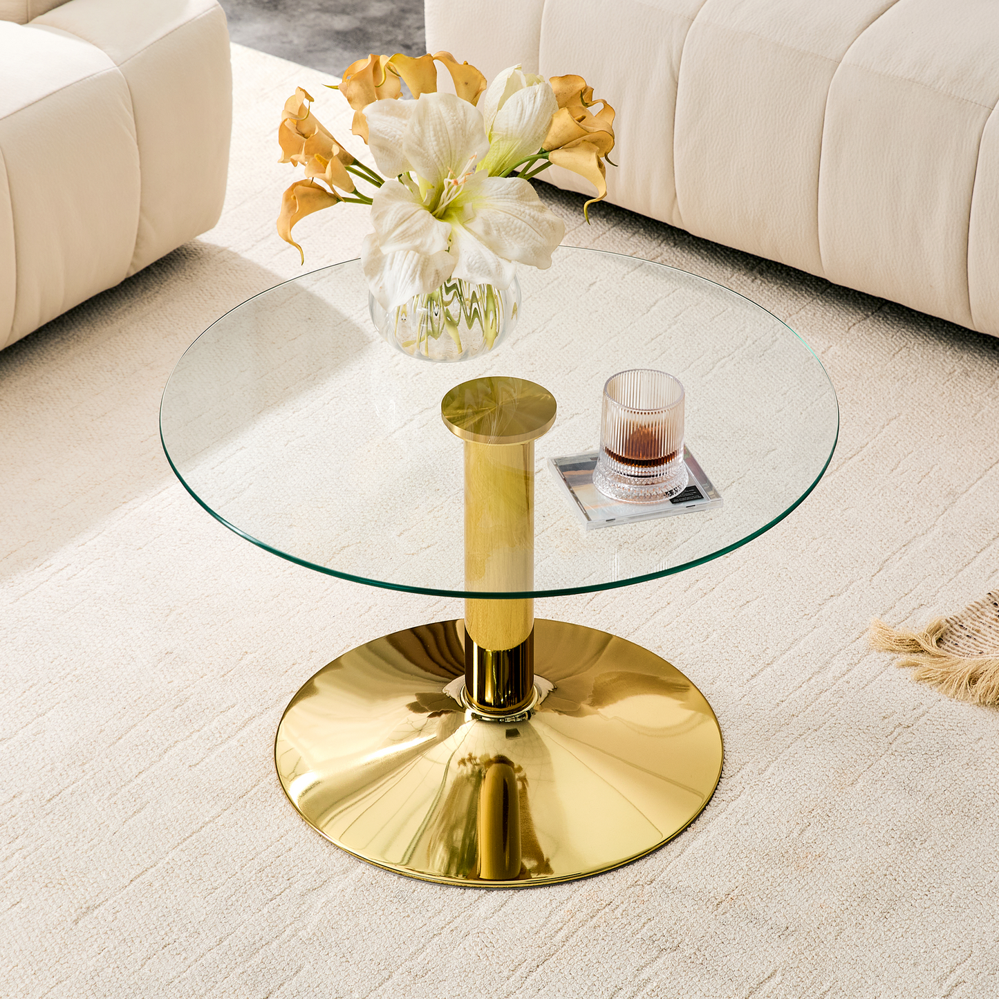 Round Tempered Glass Coffee Table - 27.5-Inch Diameter, Gold Base
