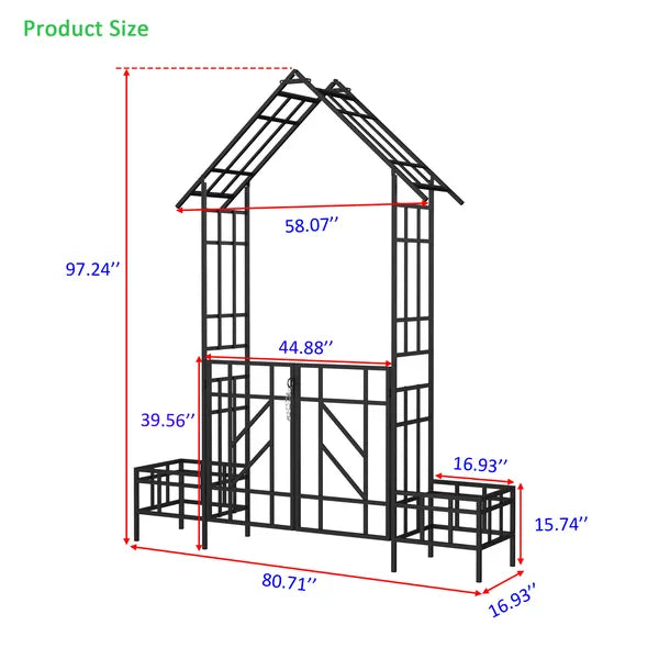 Metal Garden Arch with Gate and Planter - Black