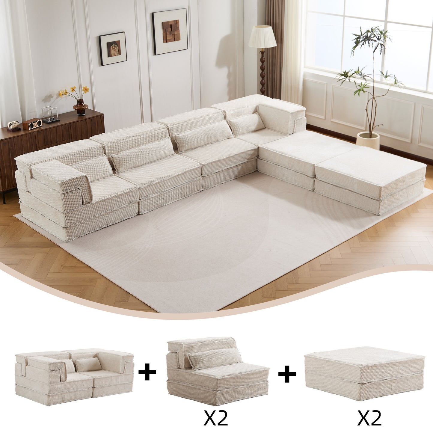 Oversized 4-Seater Modular Floor Sofa Bed with 2 Ottomans - White