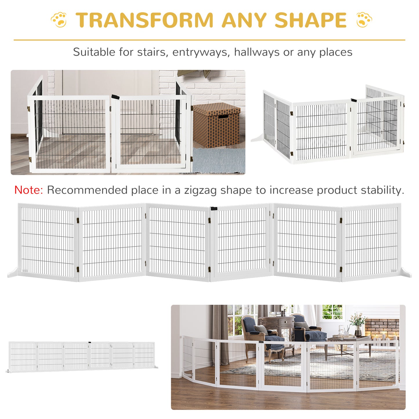 Wooden 6-Panel Pet Gate for Small & Medium Dogs - White, Foldable Safety Barrier