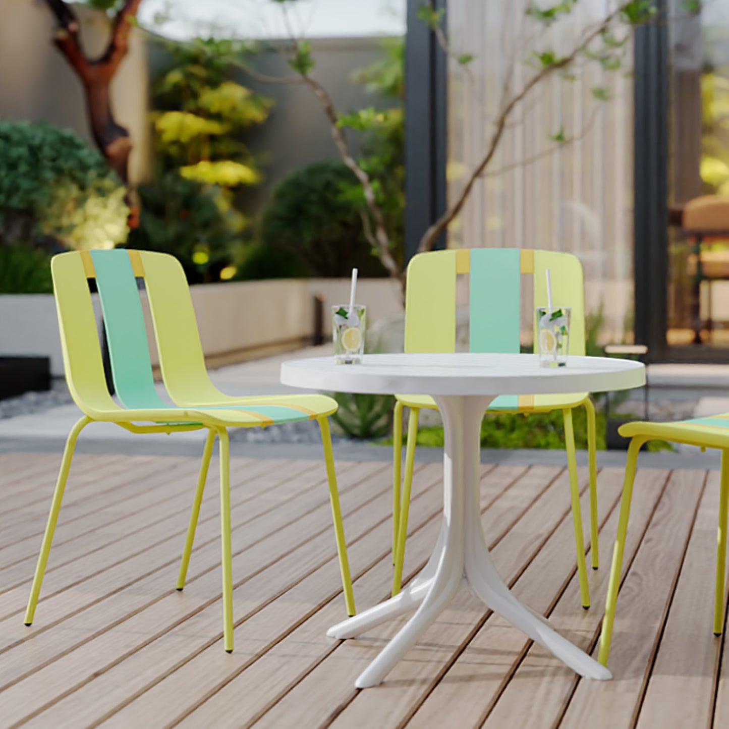 Modern Striped Color Block Chairs Set - 4-Pack with Round Table - Yellow, Orange, Green