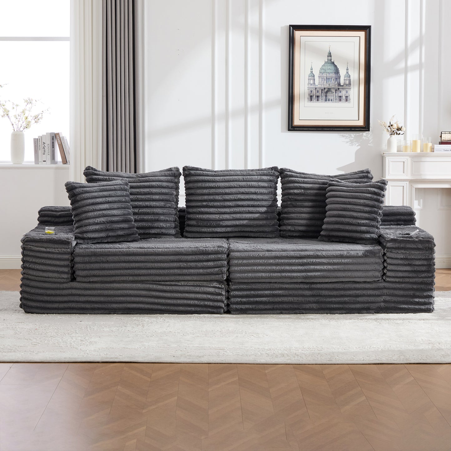 Oversized Corduroy Sofa Bed with Cup Holder & Pillows - Dark Gray