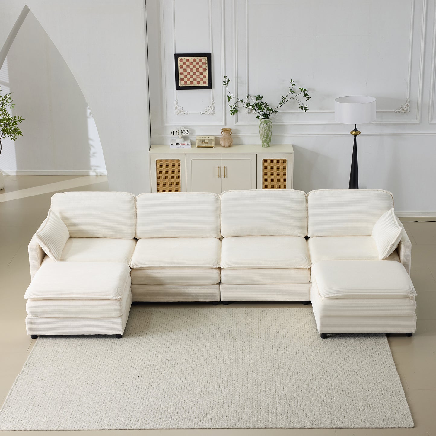 136" Plush Cloud Modular Sofa Set with 2 Footstools & Cushions - Beige