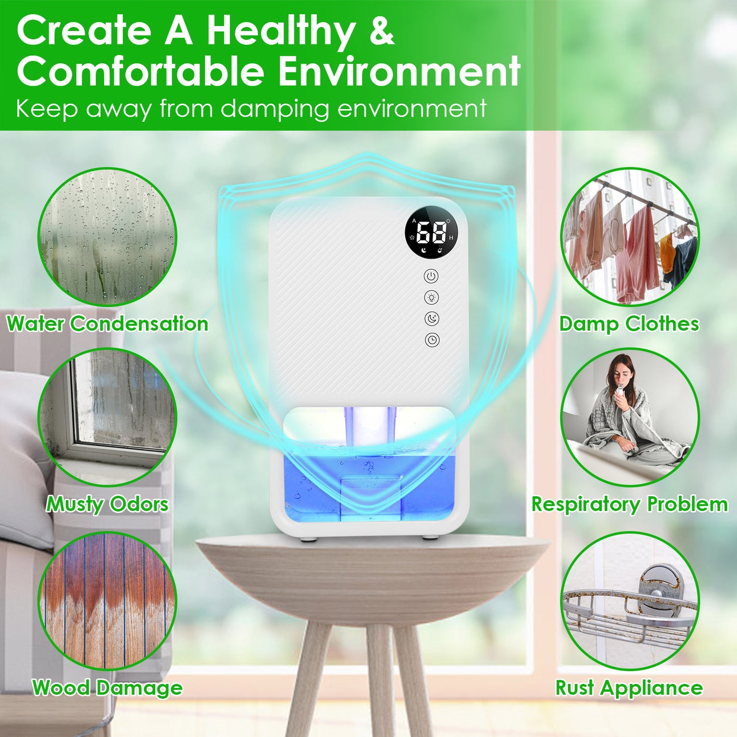 Portable Dehumidifier 37OZ with Sleep Mode, 7-Color Night Light, Timer for Home Bathroom Basement