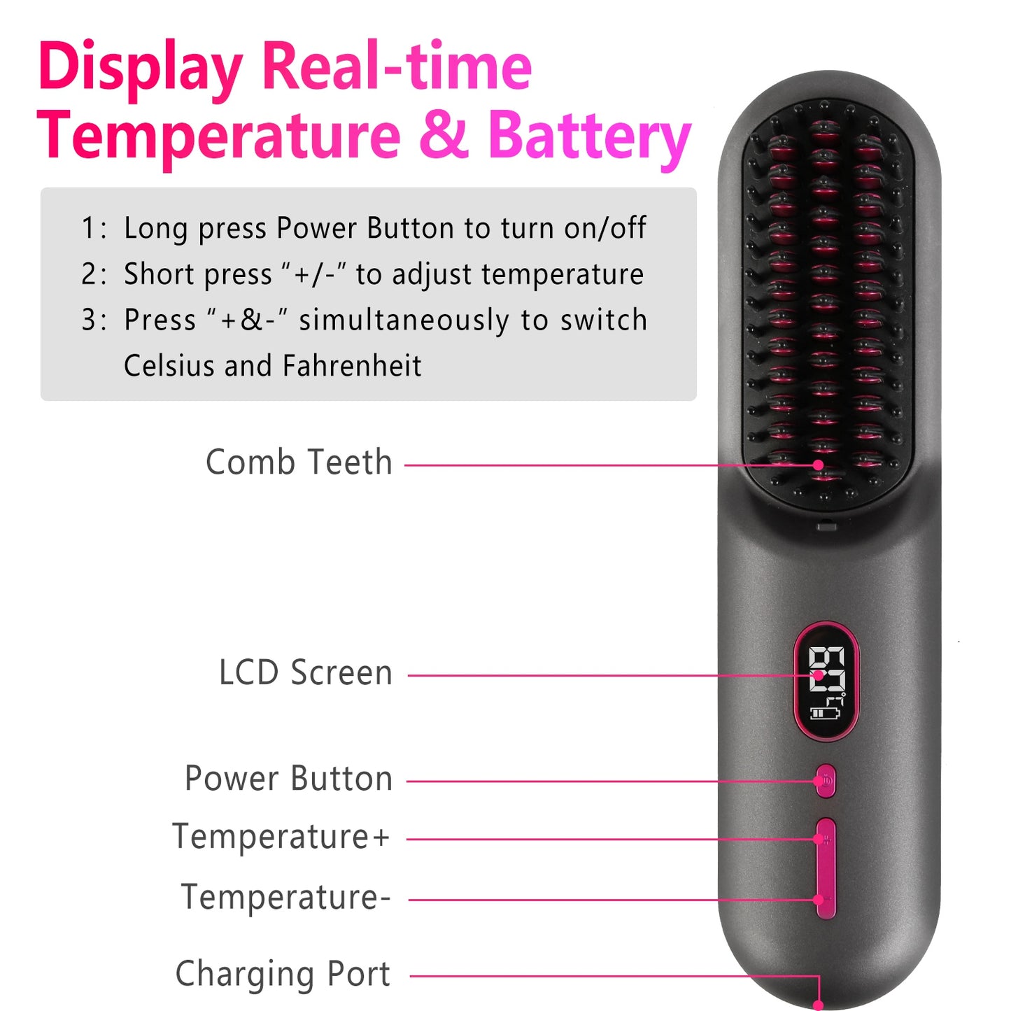 Cordless Negative Ion Hair Straightener Brush - Portable Rechargeable Comb