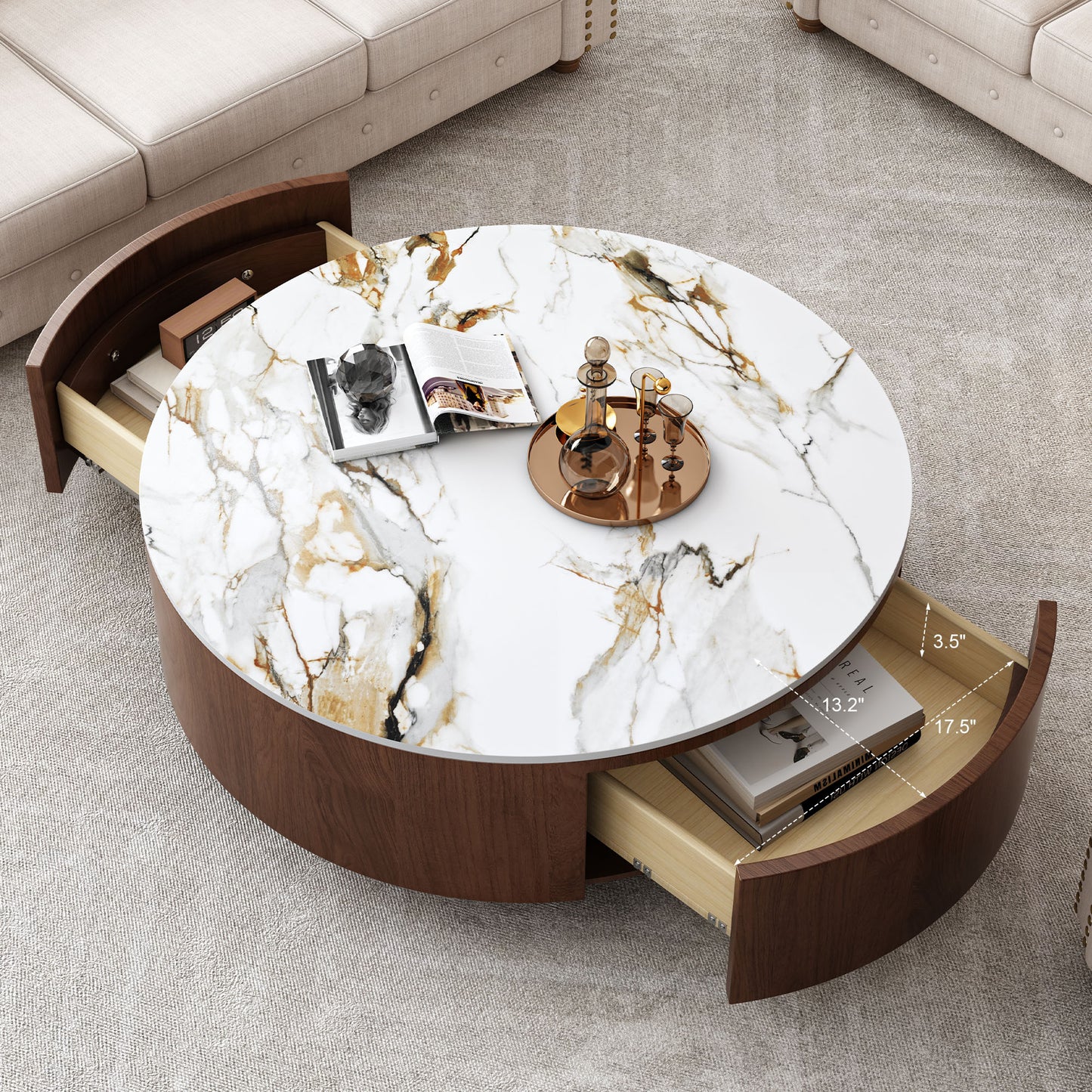 Rustic Round Coffee Table with 2 Drawers & Sintered Stone Top