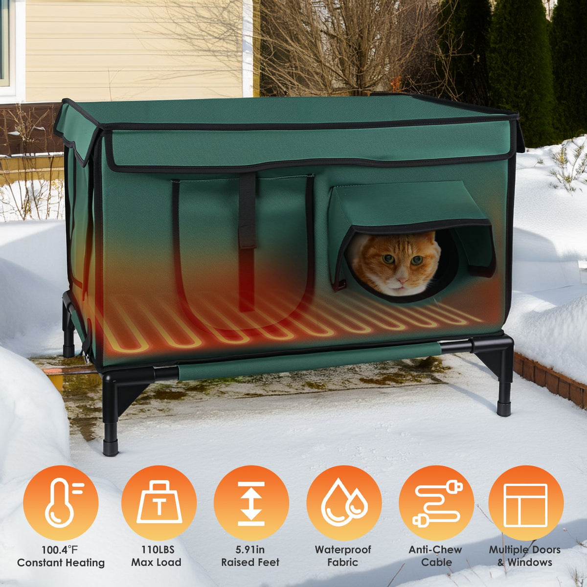 Outdoor Waterproof Heated Cat House with Insulated Shelter, 2 Doors & 3 Windows, Weatherproof Feral Cat Shelter - Green
