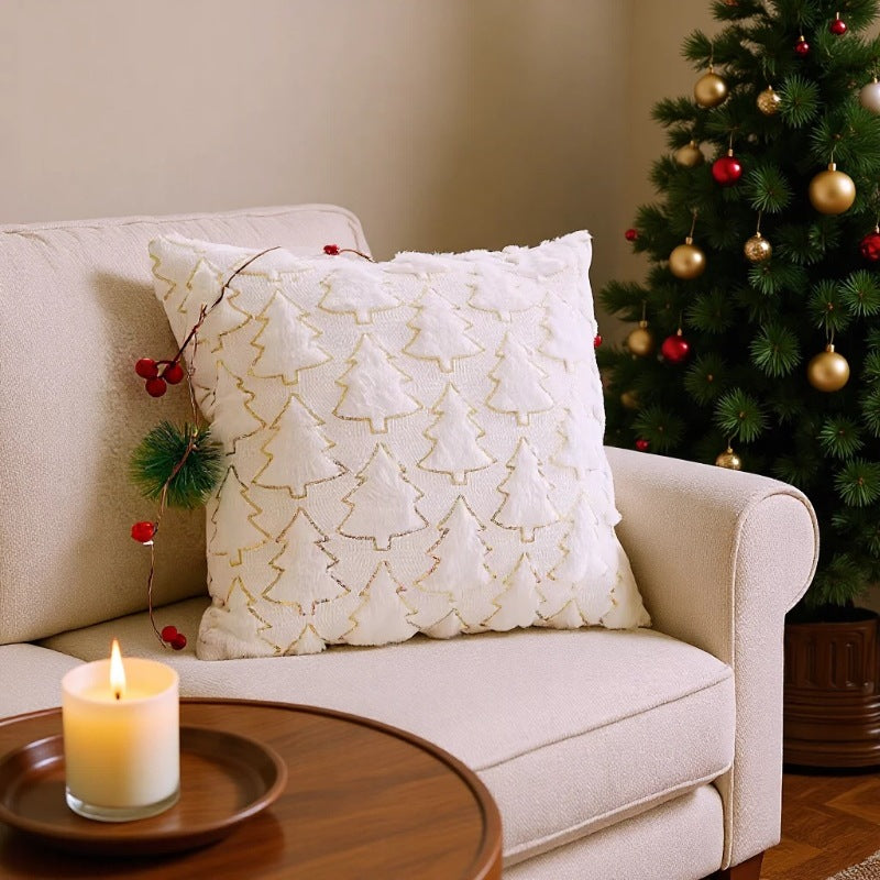 Christmas Tree Throw Pillow Cover - 3D Plush Embossed Xmas Cushion with Gold Stitching, Holiday Decor