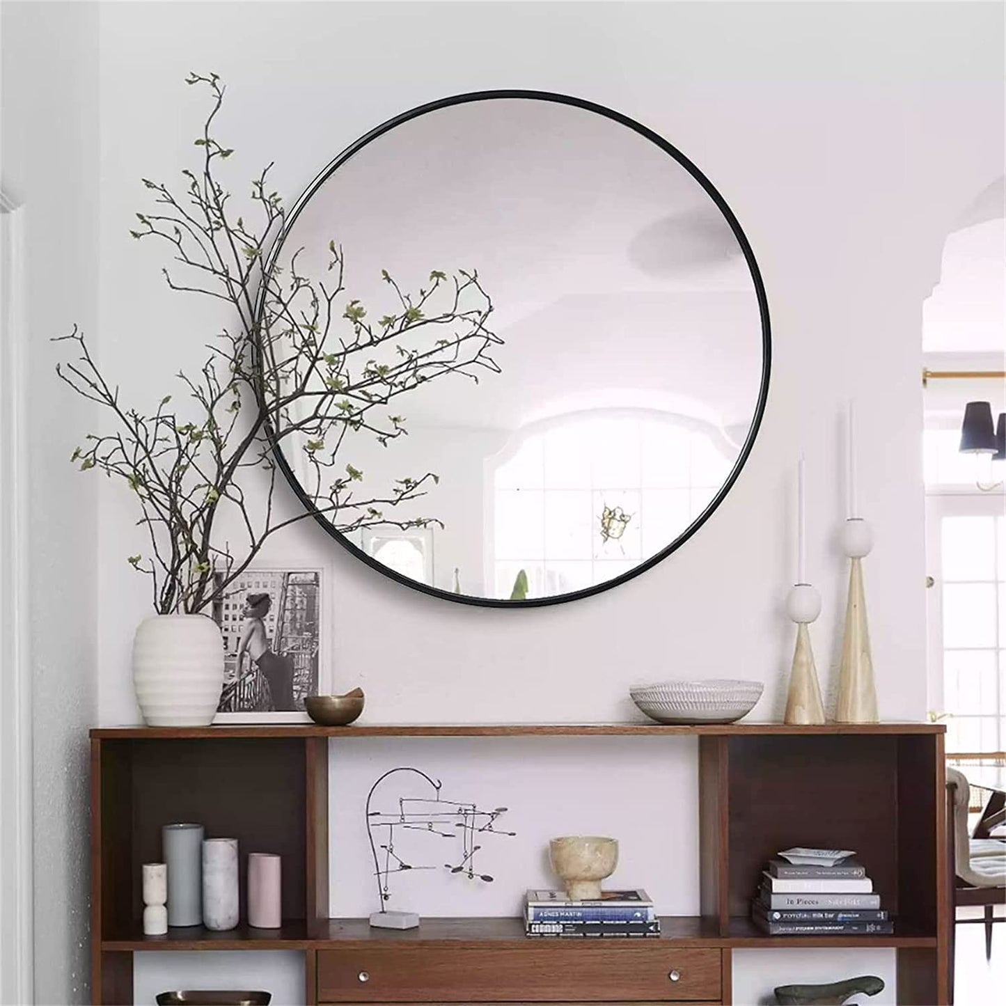 30 Inch Round Black Metal Framed Bathroom Wall Mirror