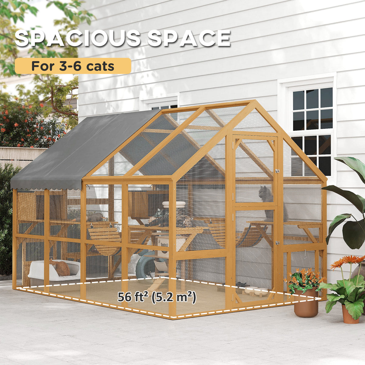 Large Wooden Outdoor Cat Enclosure with Waterproof Cover & 2 Condos