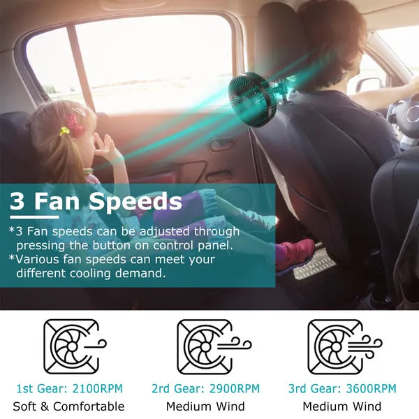 Portable USB Car Cooling Fan with 3 Speeds - Black