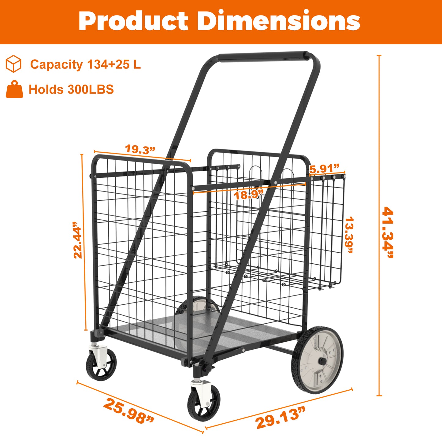 Foldable Super Jumbo Shopping Cart with Double Basket - Antique Black