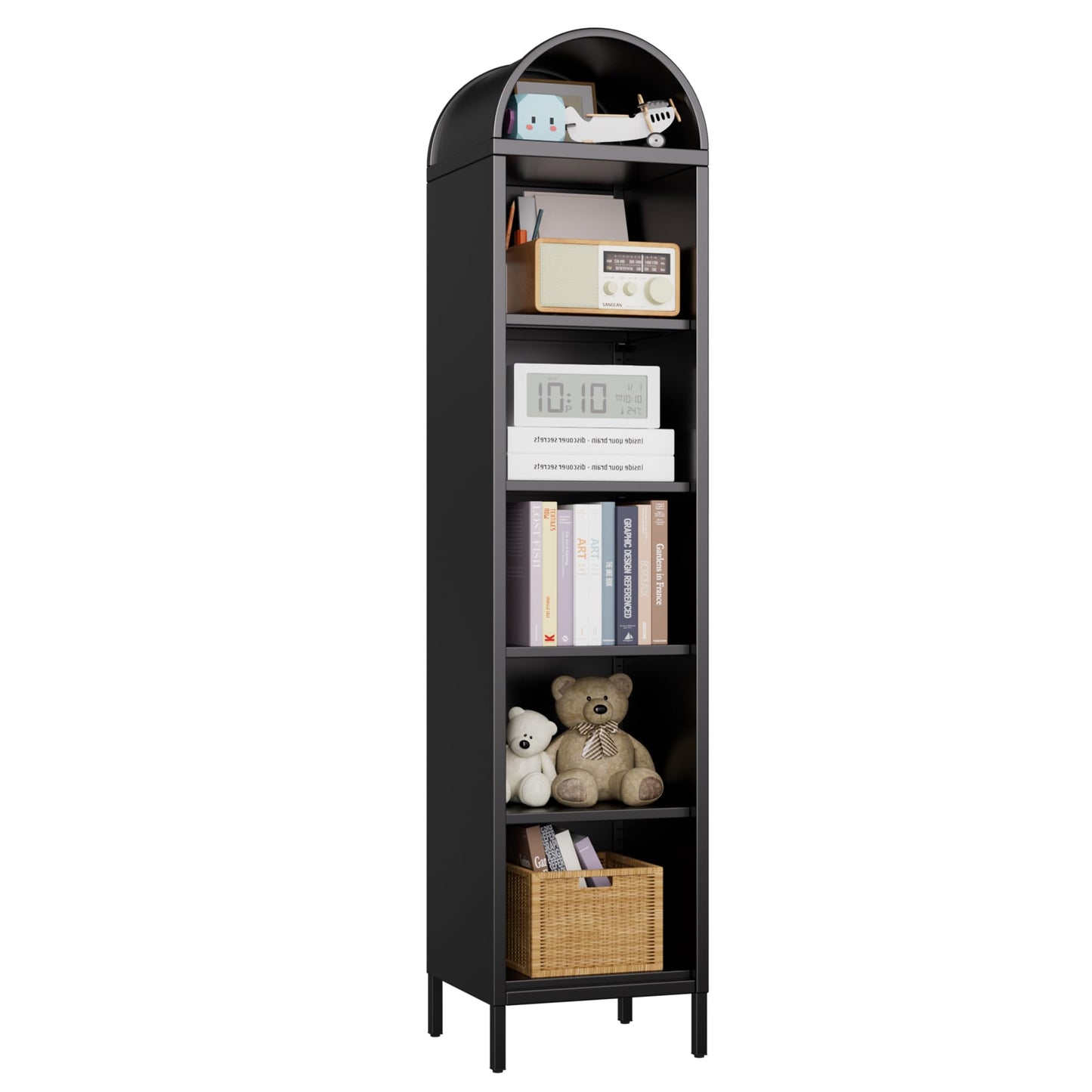73'' Tall Arched Metal Bookshelf - 6-Tier Freestanding Organizer in Black