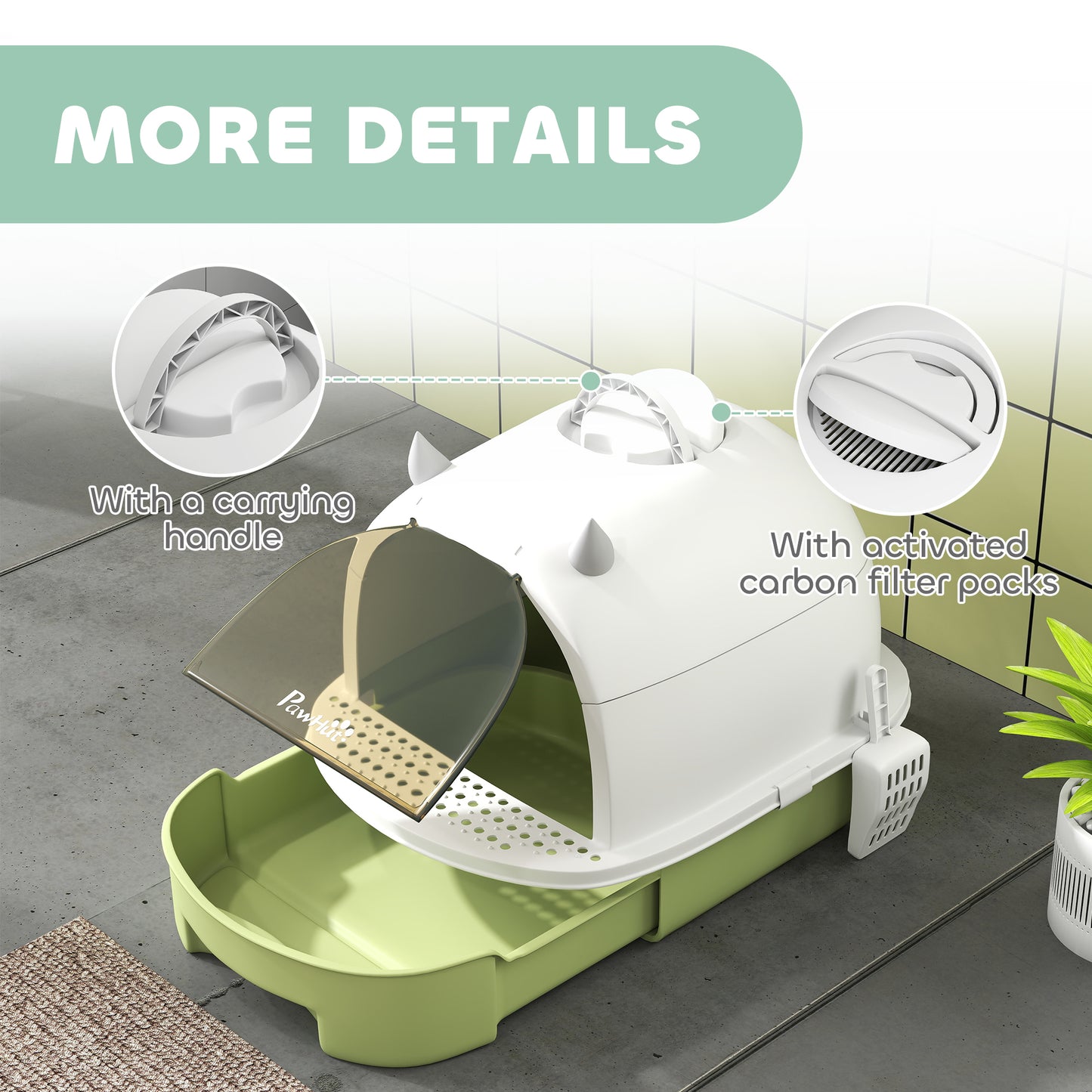 Covered Cat Litter Box with Lid, Scoop & Deodorizing Bags - Green, 410x180x520mm