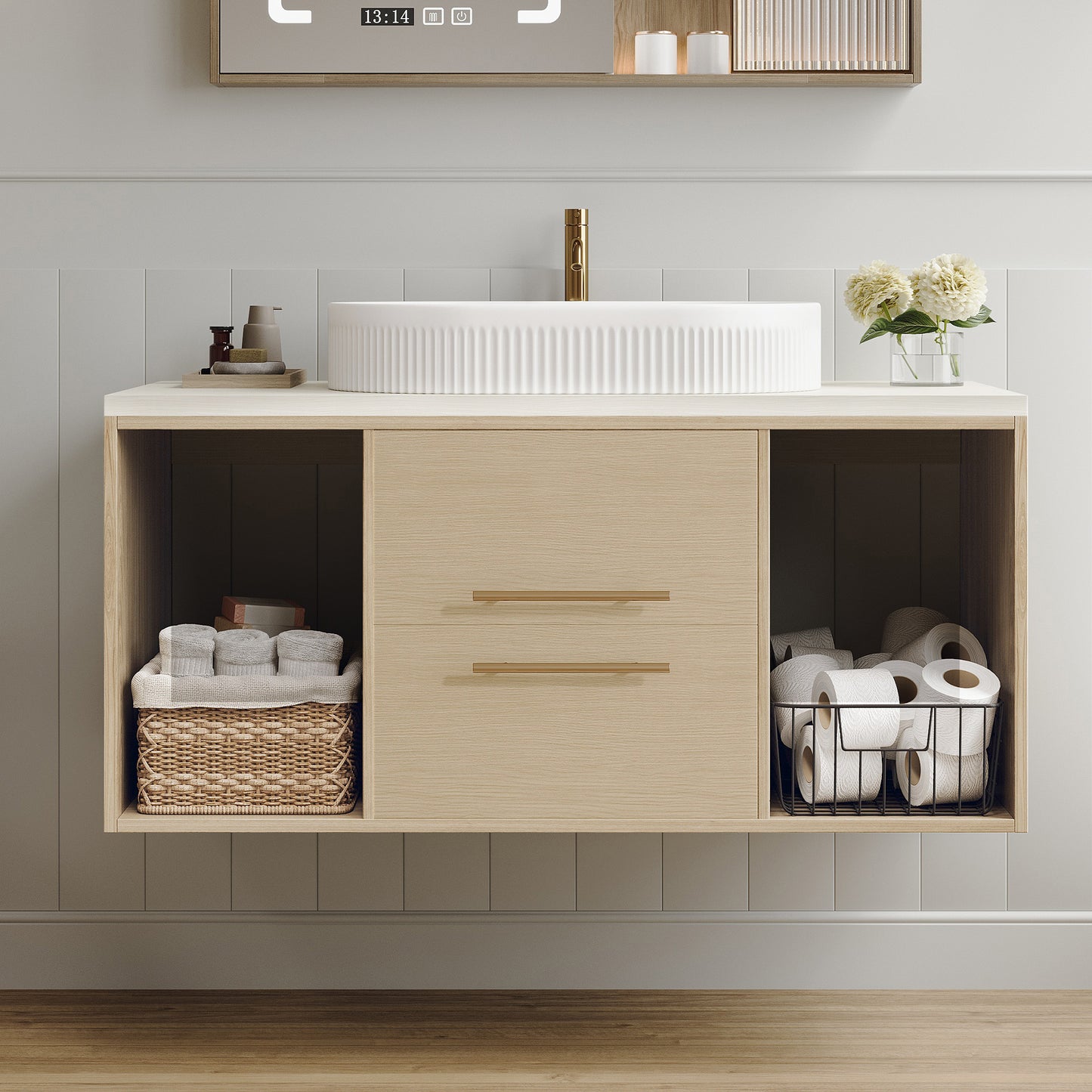 39.3" Wall-Mounted Bathroom Vanity with Oval Ceramic Sink