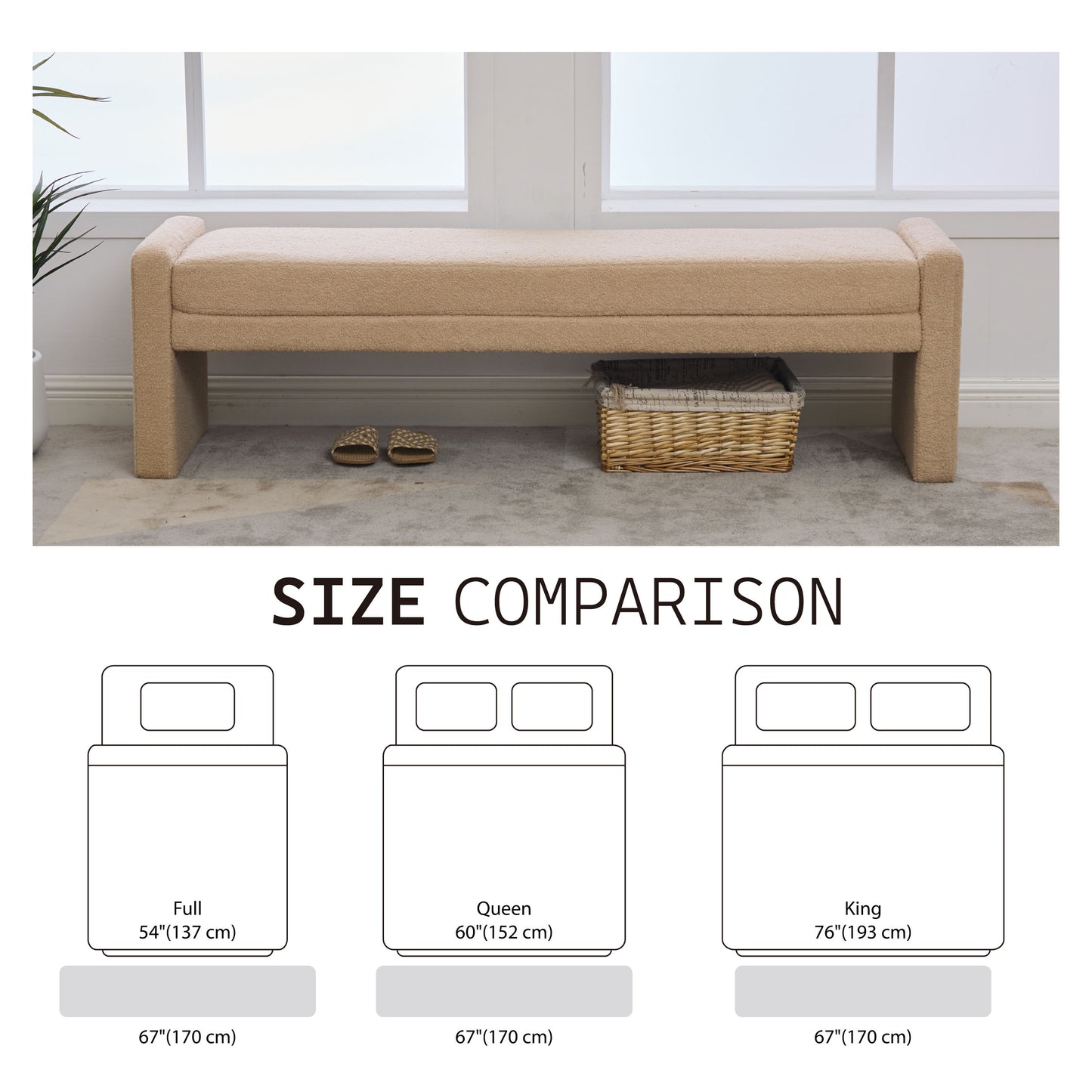 66.9" Modern Upholstered Boucle End Of Bed Bench - Wheat