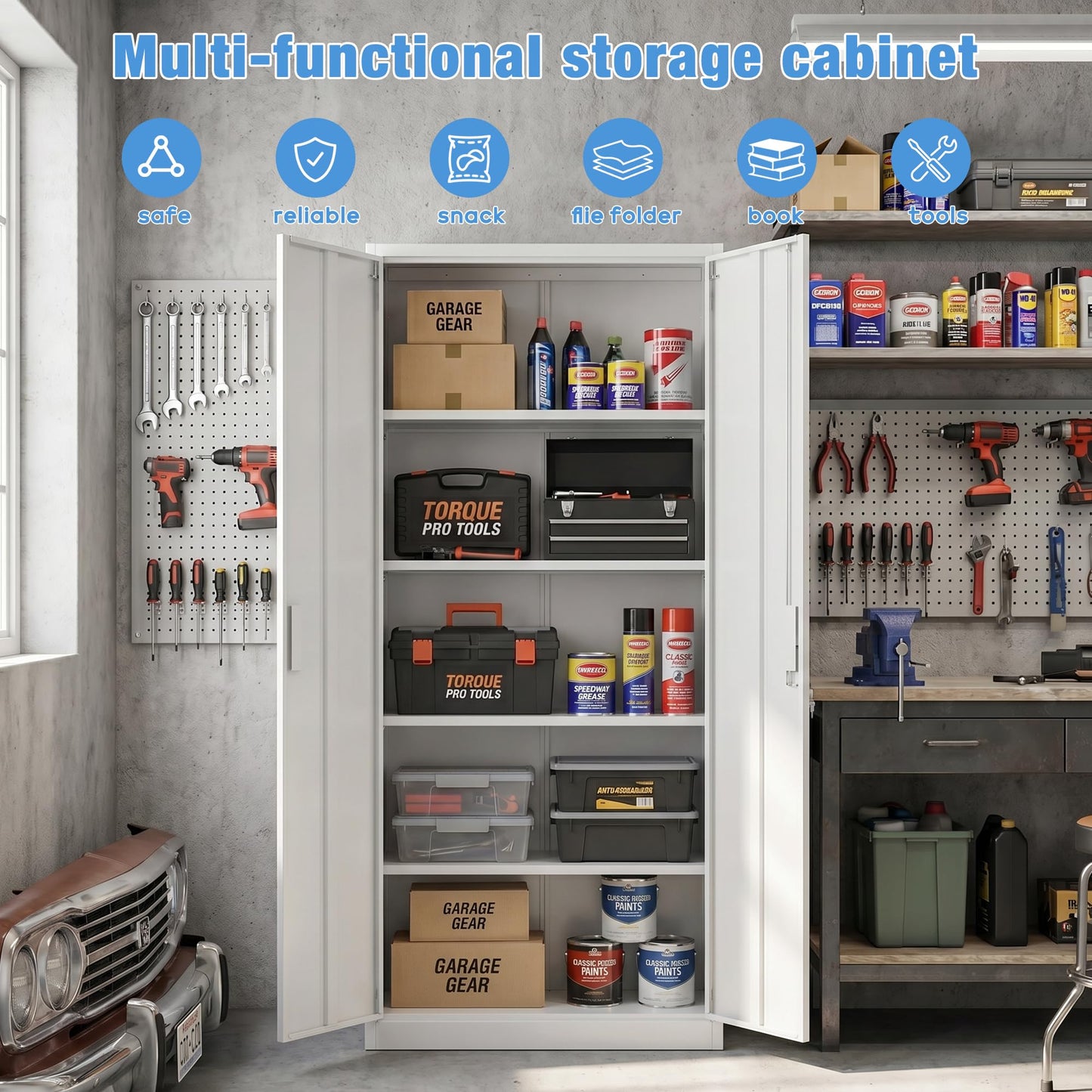Lockable Metal Garage Storage Cabinet with 4 Adjustable Shelves - White