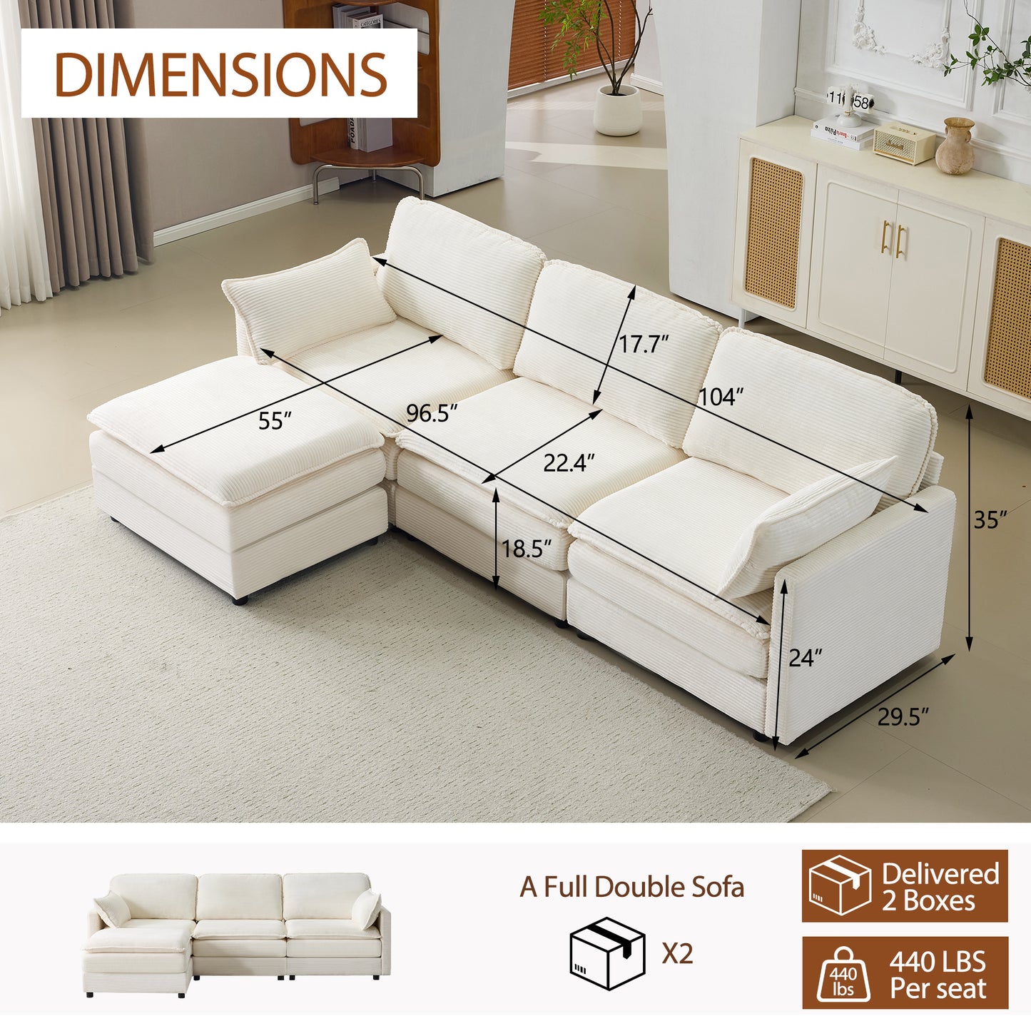 104" Plush Cloud Modular 3 Seater Sofa with Ottoman & Cushions - Beige