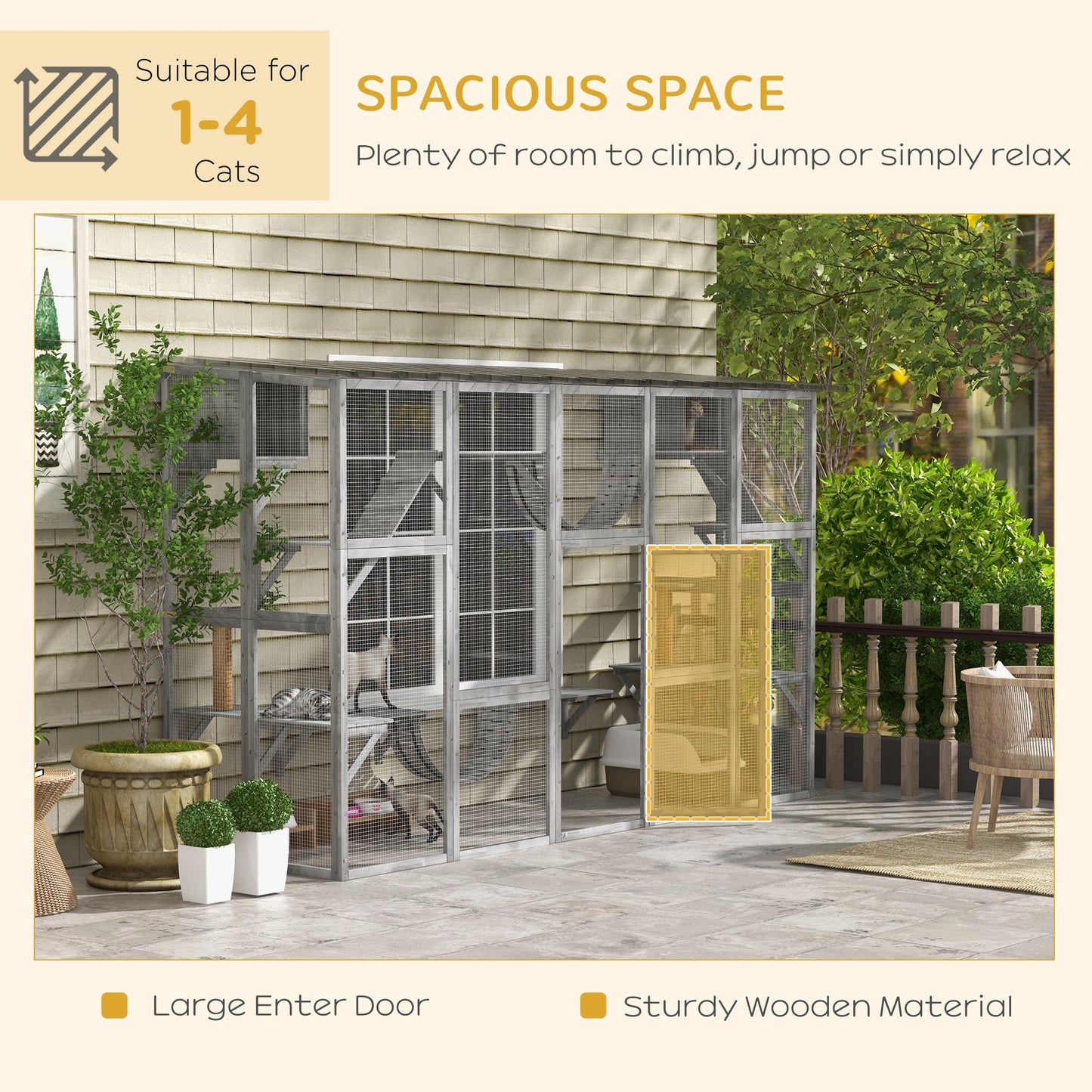 Outdoor Cat Enclosure with Shelves & Bridges - Gray Pet Playhouse for Multiple Cats